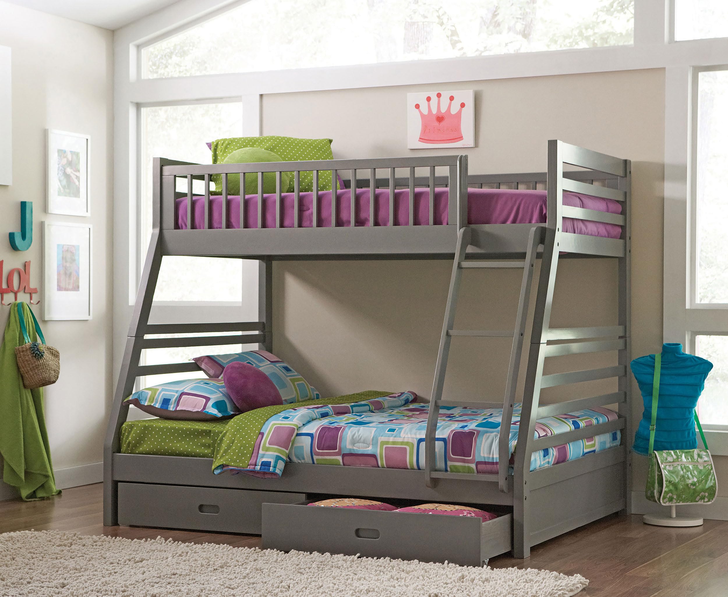 Wood Twin Over Full Bunk Bed Frame with Ladder & Drawers - Grey for Kids' Bedroom