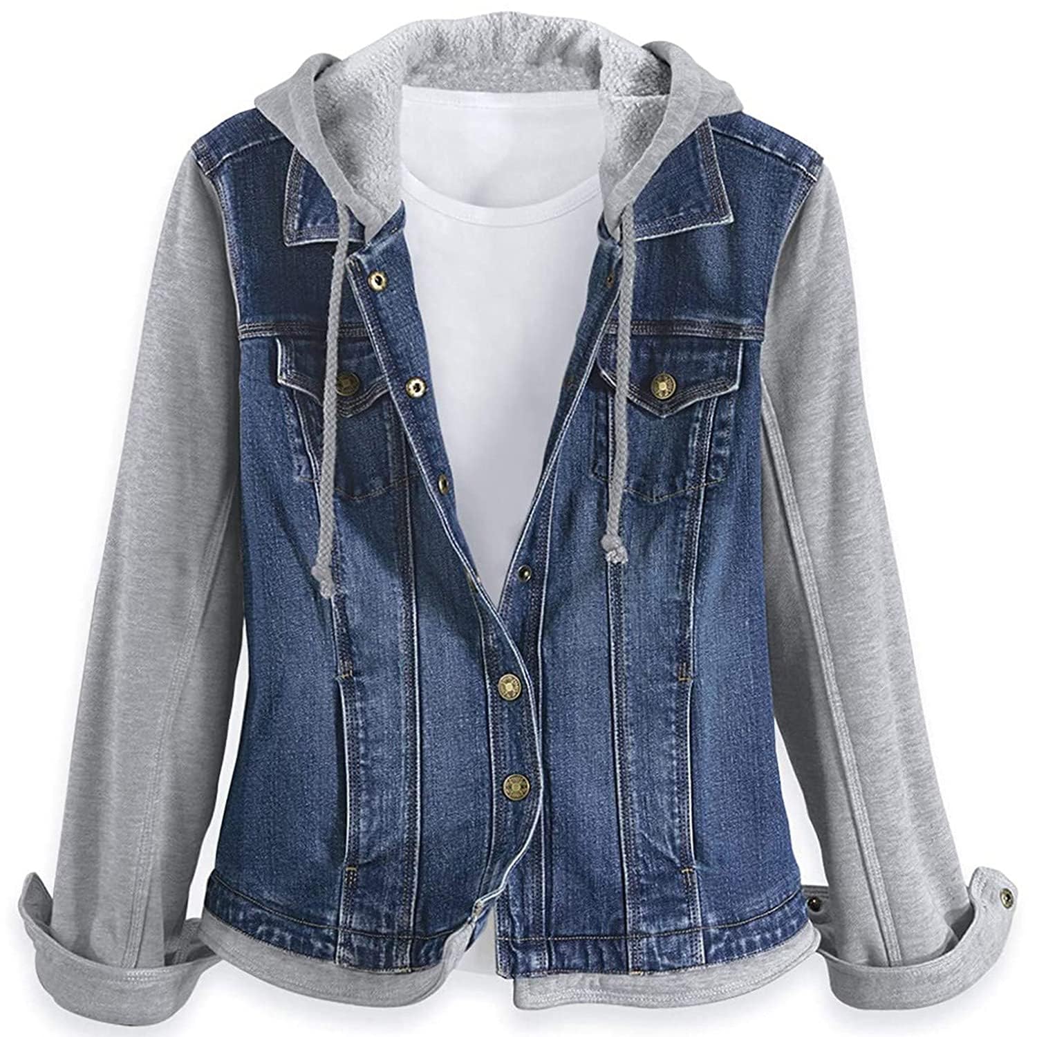 SAGEFINDS Women's Fleece and Denim Jacket - Long Sleeve Hooded Coat with Adjustable Drawstring | Casual Outerwear for Fall, Winter & Outdoor Activities