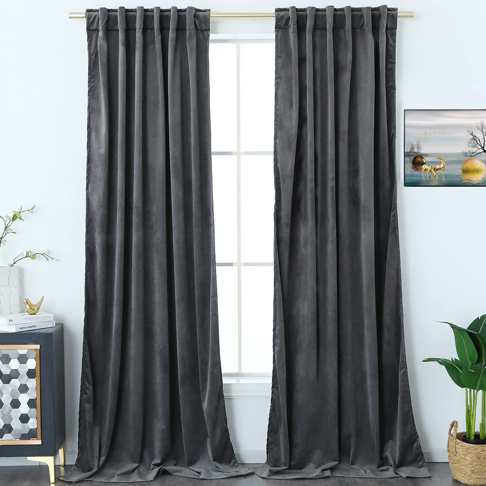 Timeper Grey Velvet Curtains - 84 Inch Blackout Curtains with Rod Pocket & Back Tab for Dining Room, Kitchen, Bedroom - Thermal Insulated, Noise Reducing, Sunlight Blocking - 52W x 84L, 2 Panels (Perfect for Home, Office, Country House & Shared Spaces)