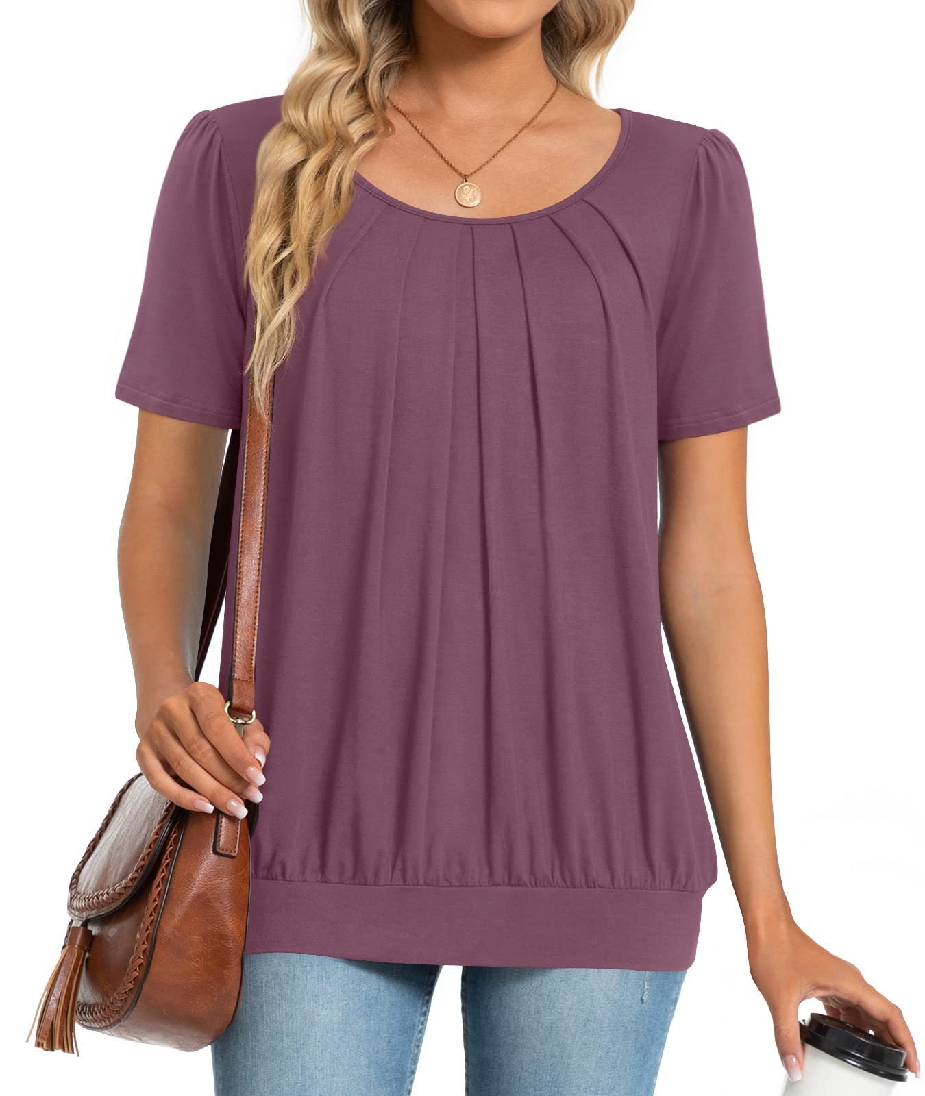 Anymeet 2025 Women's Casual Short Sleeve Tunic Tops - Spring Summer Pleated Blouse Tee for Leggings | Perfect for Work, Yoga & Everyday Wear