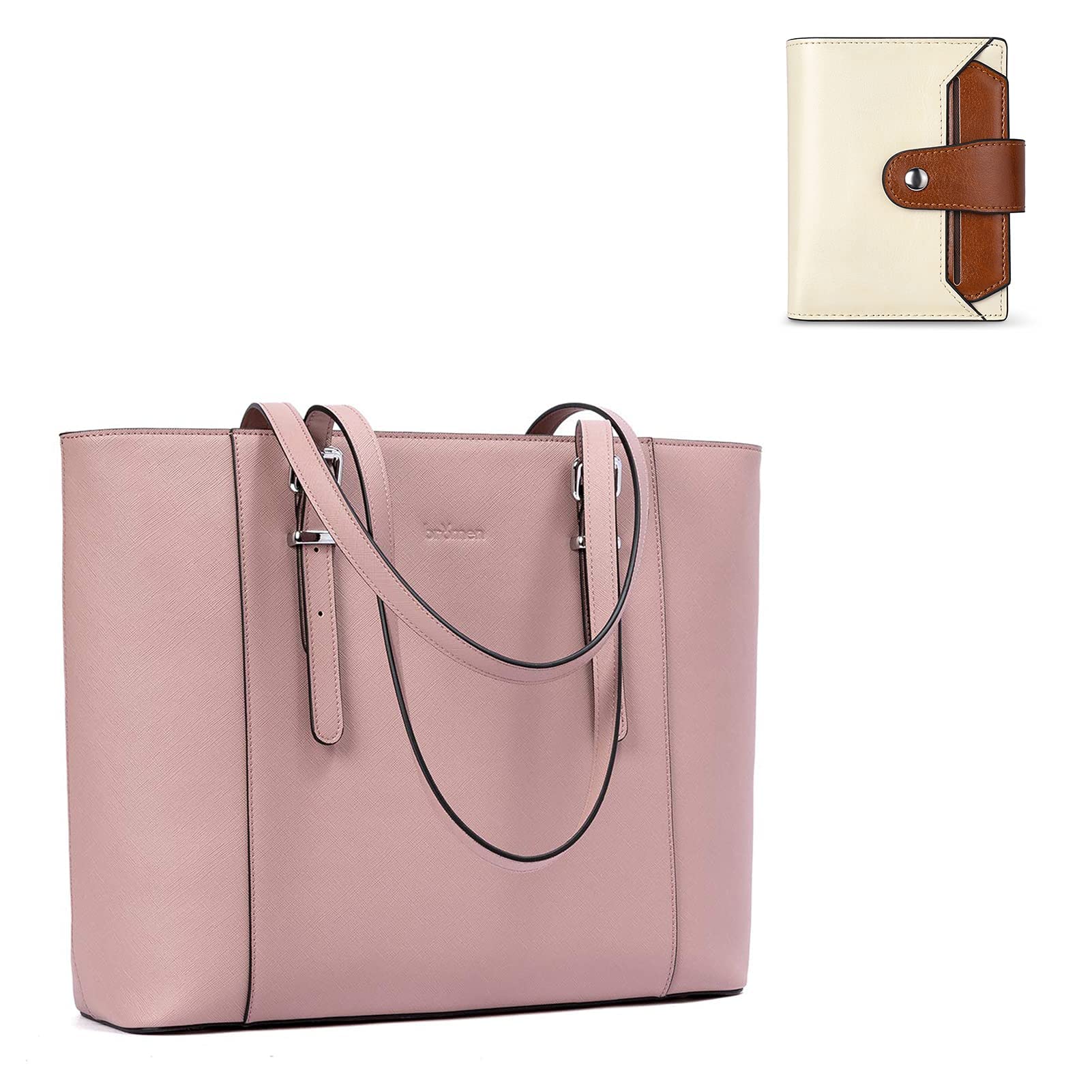 BROMEN Genuine Leather Laptop Briefcase for Women - Professional Work Tote Bag in Pink with RFID Blocking Bifold Wallet Set (Beige & Brown) - Perfect for Office, Business Travel & Everyday Commute