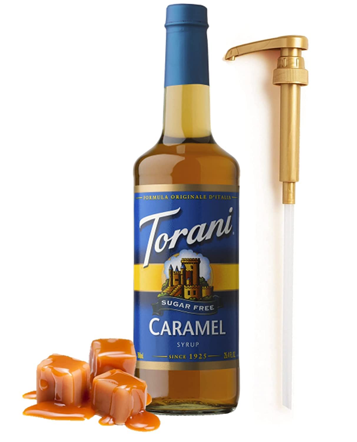 Sugar Free Caramel Coffee Syrup 25.4oz (750ml) - Low Calorie Flavoring Syrup for Coffee, Tea, Lattes & Desserts - Includes Premium Pump Dispenser for Easy Pouring - Perfect for Home Baristas, Coffee Shops & Bakeries