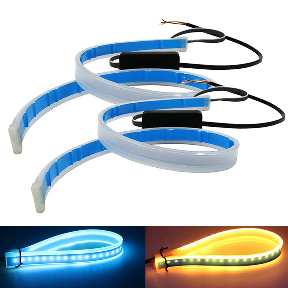 30cm/45cm/60cm LED Headlight Strip Tube Light - Flexible Dual Color White & Amber Daytime Running Lights - Waterproof DRL Neon Lights with Turn Signal & Sequential Switchback (Ice Blue/Yellow) - Perfect for Car Customization, Motorcycle Accents & Truck Lighting Upgrades