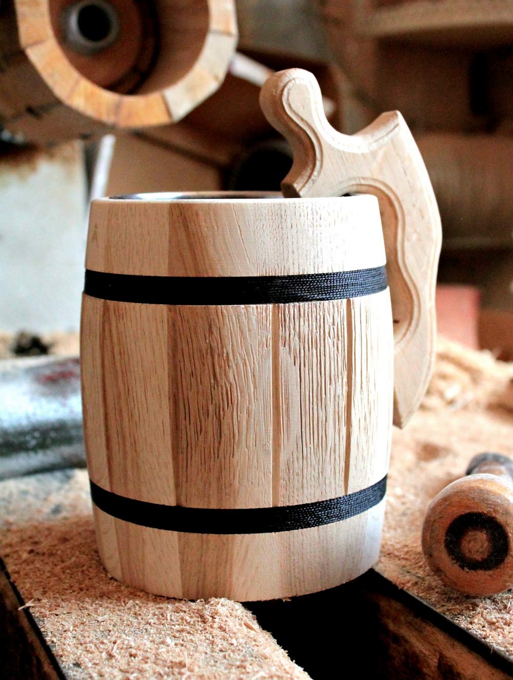 6-Pack 20oz Beer Mugs Set - Stainless Steel Tankard & Wooden Stein - Handmade Gifts for Men (Father's Day, Christmas, Birthday) - Perfect for Home Bars, Parties & Beer Tasting Events - Barrel Brown Design