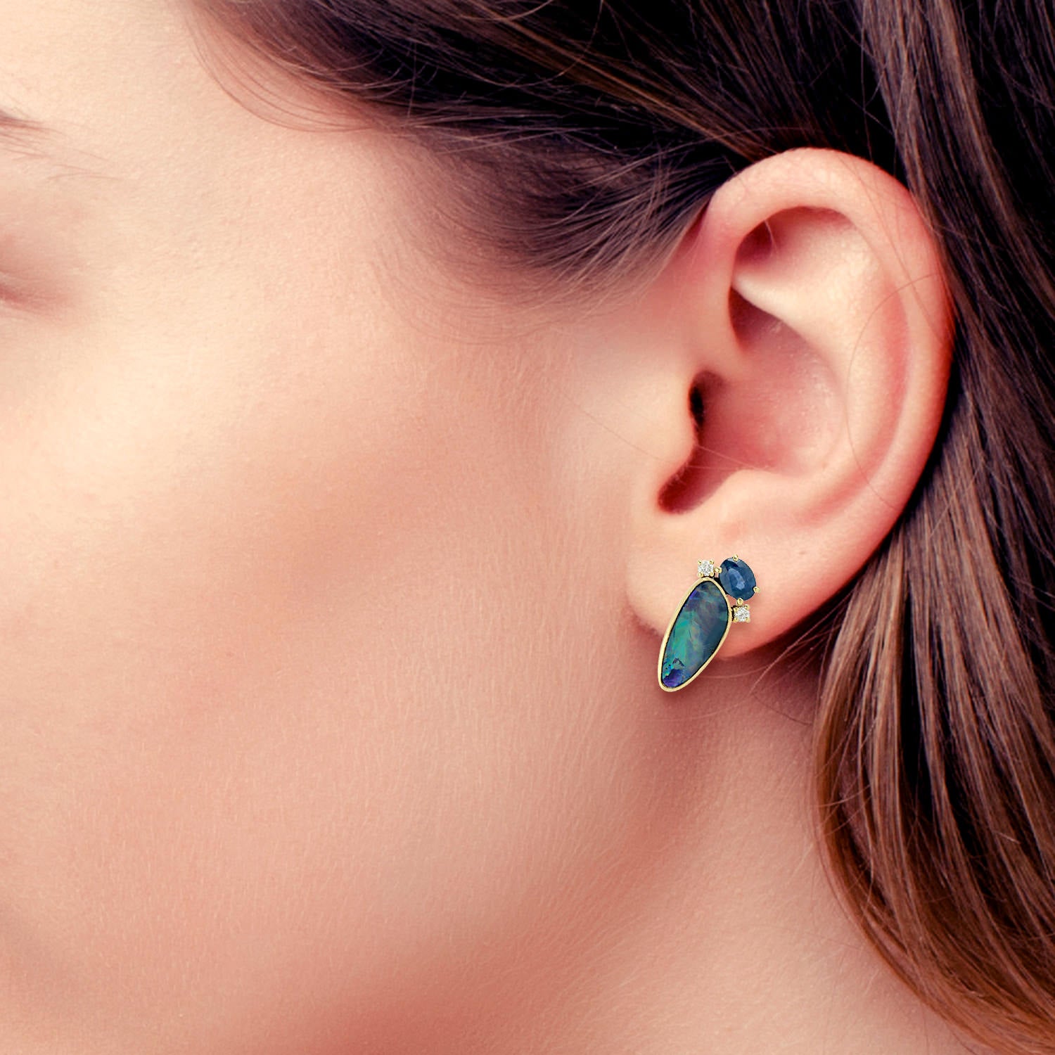 Blue Sapphire & Opal Diamond Gemstone Stud Earrings in 18K Yellow Gold - Elegant Jewelry for Women, Perfect for Weddings, Parties & Special Occasions