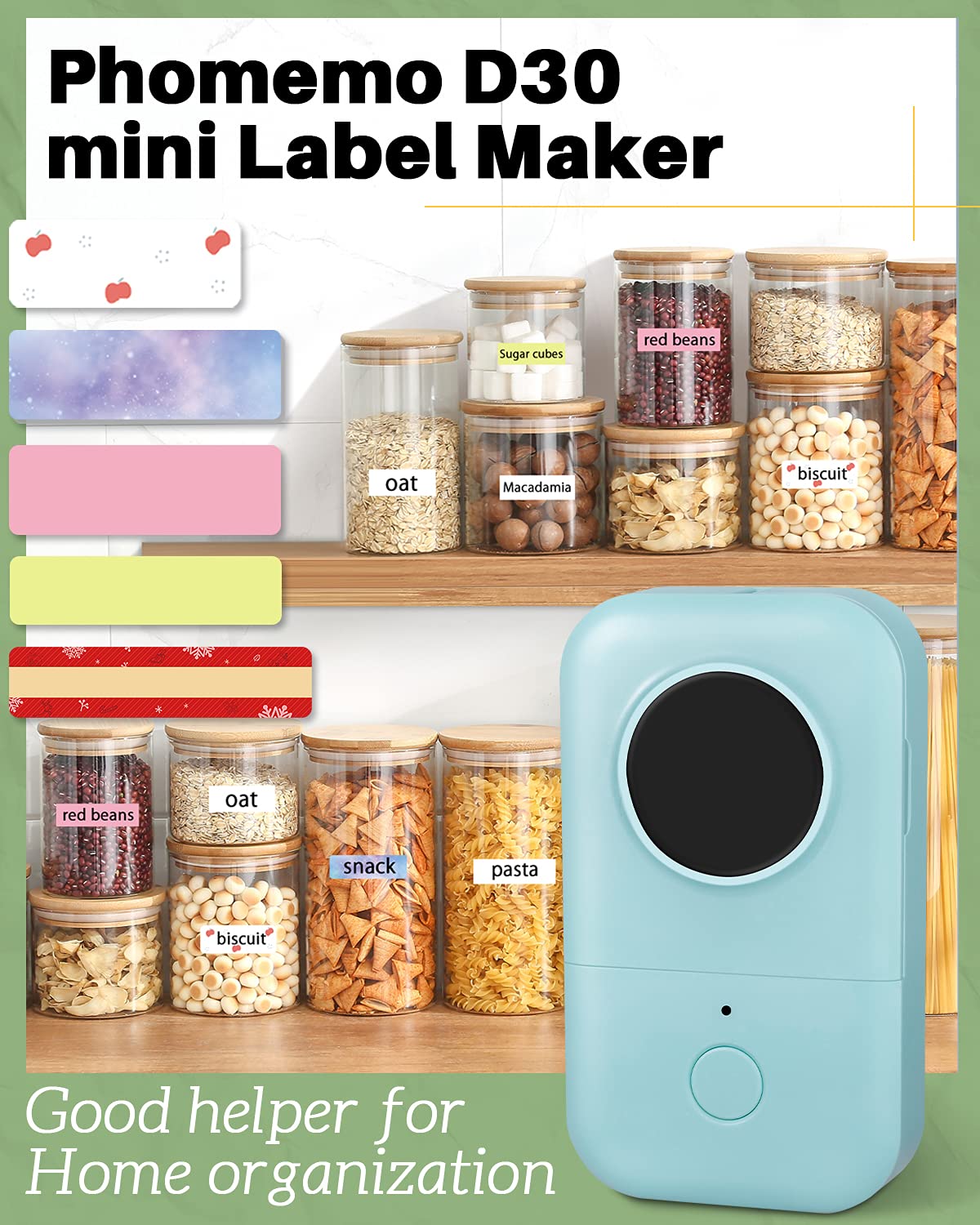 Phomemo D30 Mini Bluetooth Label Printer - Portable Inkless Thermal Label Maker with 1000+ Templates | Compact Design for Home Office, School Supplies & Pantry Organization | Includes 3 Rolls & Free App | Perfect for DIY Crafts, Shipping Labels & Barcode Printing (Green)