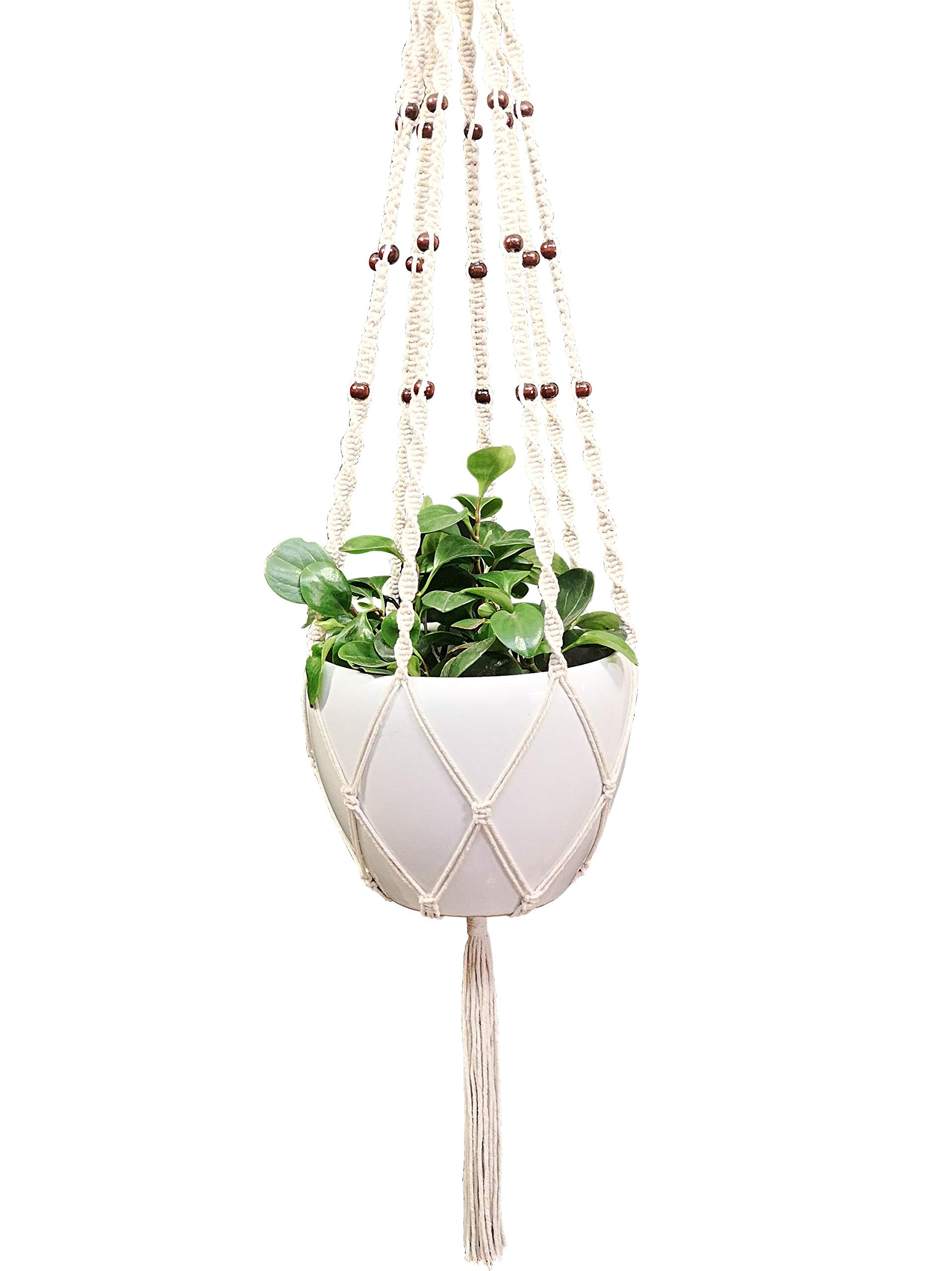 Handmade Cotton Rope Macrame Plant Hanger - 8 Strand 63 Inch Hanging Planter with Hook for 12-13 Inch Pots (Cream) | Boho Home Decor, Indoor Garden, Living Room & Patio Plant Display