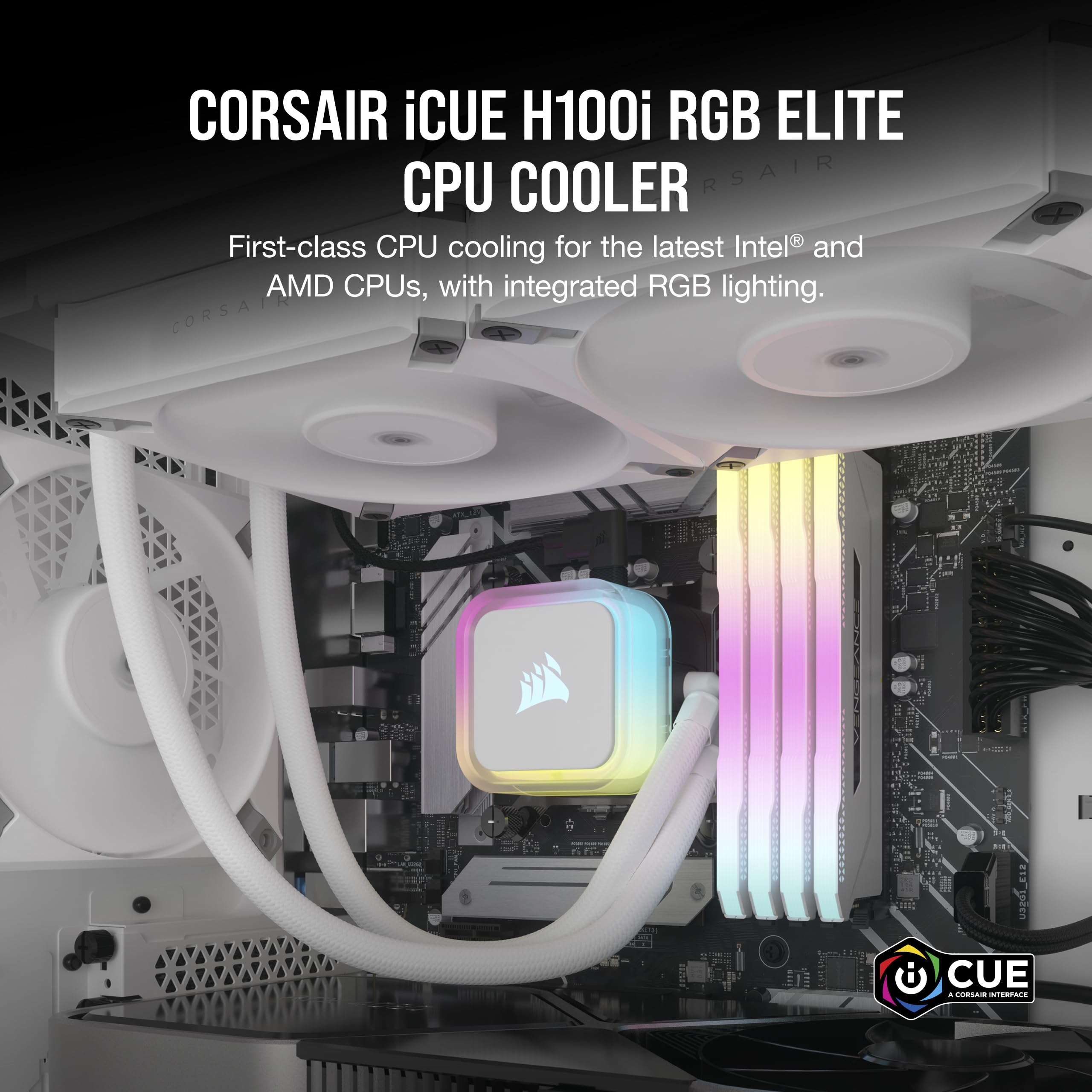 CORSAIR H100i RGB Elite 240mm AIO Liquid CPU Cooler with AF120 Elite PWM Fans - Compatible with Intel LGA 1700/1200/2066 & AMD AM5/AM4 Sockets - White PC Cooling System for Gaming Rigs & High-Performance Computers
