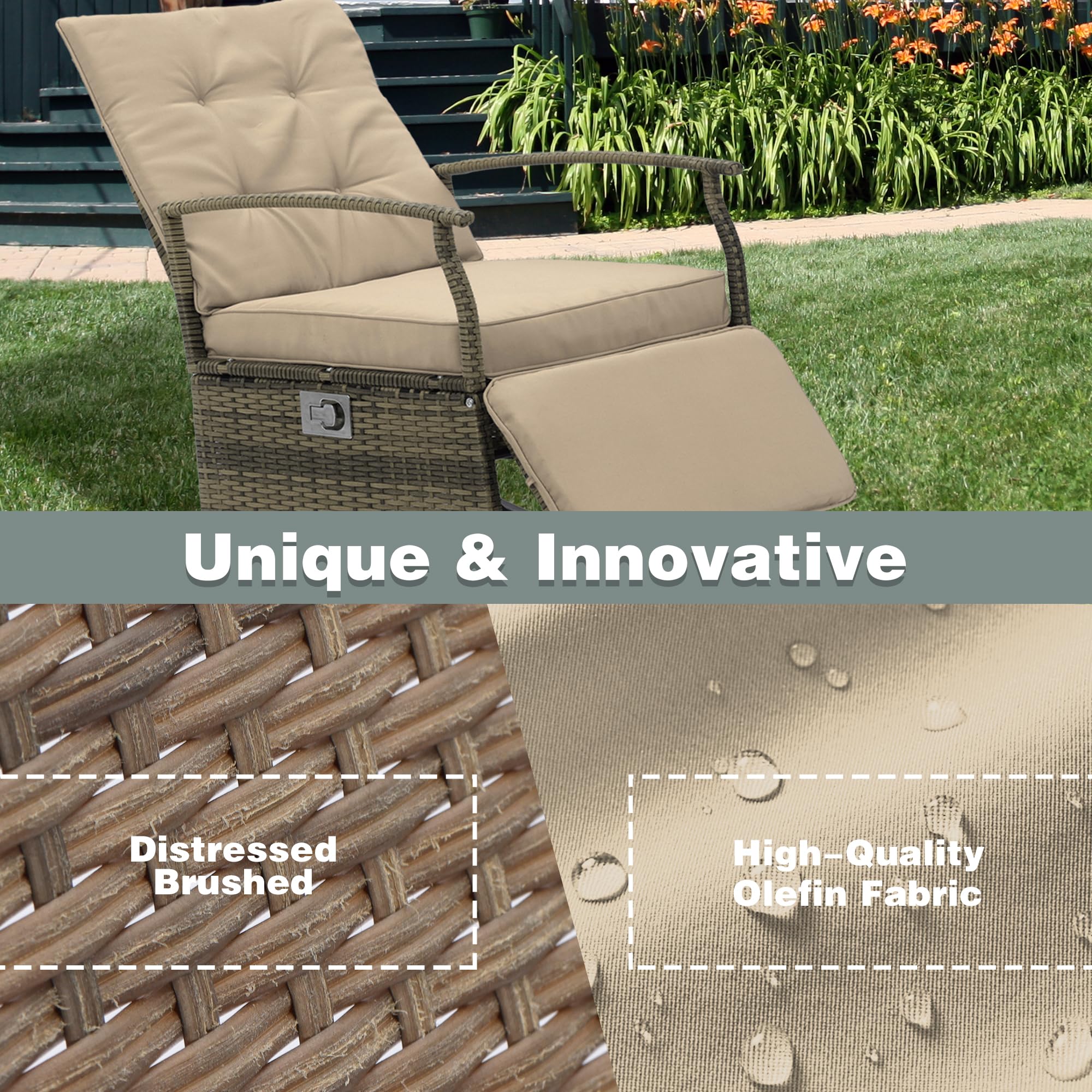 **Outdoor Rocking Chairs Adjustable Rattan Recliner - PE Wicker Patio Furniture Set with Thick Cushions & Removable Glass Tabletop, Beige - Perfect for Garden, Poolside, and Backyard Relaxation**