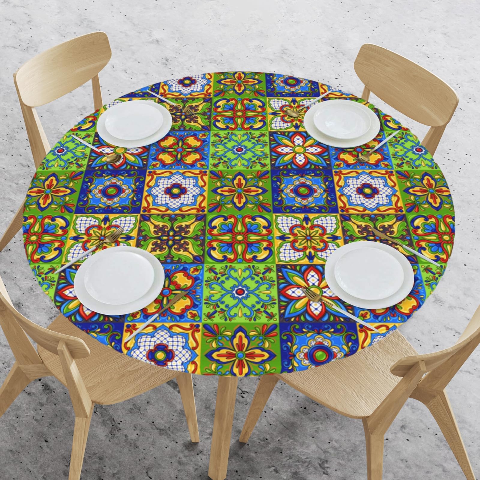 WOAIDY Mexican Talavera Elastic Edged Fitted Round Tablecloth - Decorative Stretch Table Cover for 40