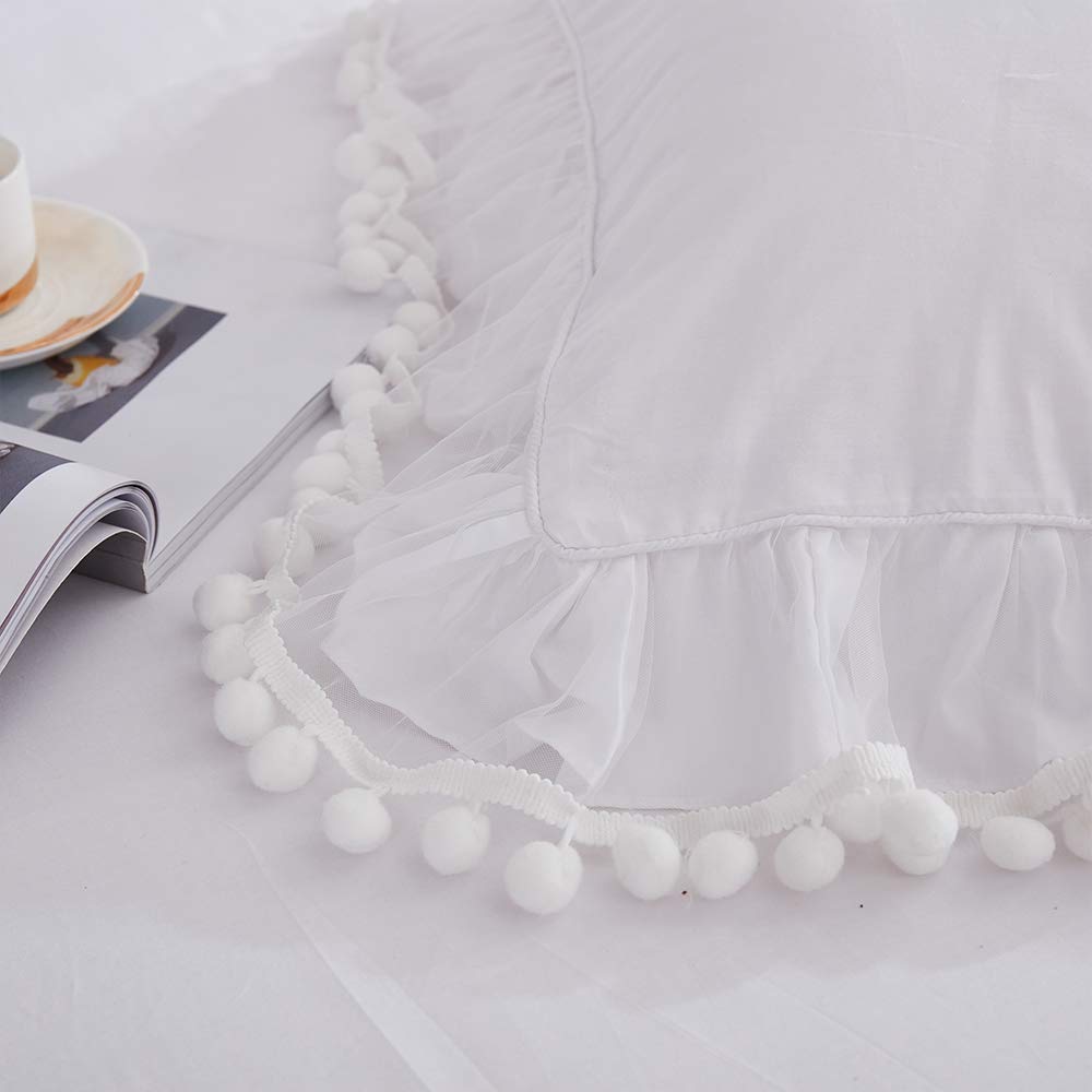 Premium 100% Cotton 600 Thread Count California King Sheet Set - Elegant White Pom Pom Ruffle Design with 17.5