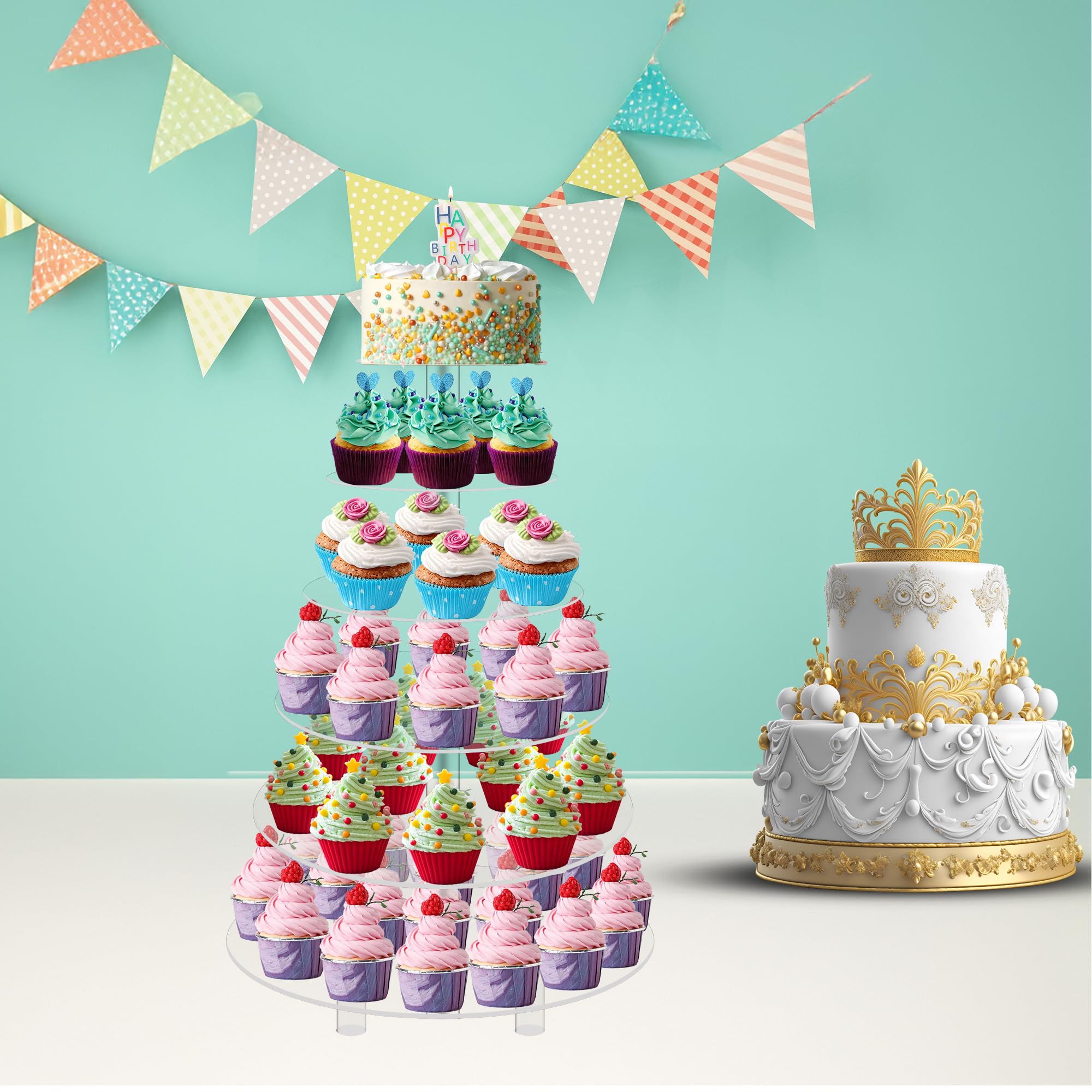 Jusalpha® 6-Tier Round Acrylic Cupcake Stand - Cake Display Tower for Desserts, Parties & Weddings (6RF-S with Base) - Perfect for Birthday Celebrations, Baby Showers & Buffet Serving