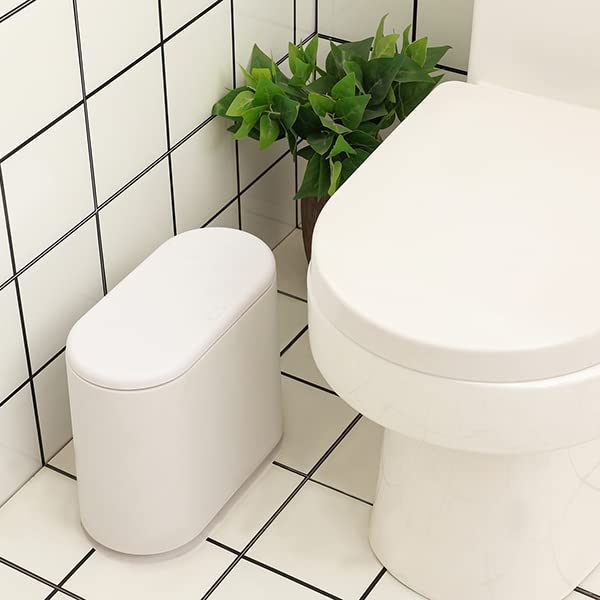 PENGKE 2.11 Gallon Slim Plastic Trash Can with Press-Top Lid, 8L Waste Basket with Removable Liner, Modern White Garbage Bin for Bathroom, Living Room & Bedroom - Perfect for Small Spaces & Home Office Organization