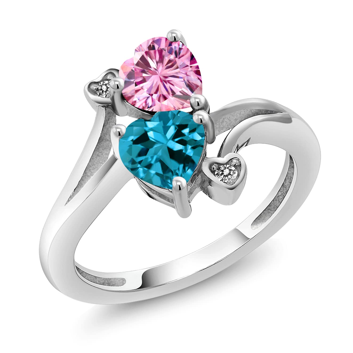 Gem Stone King 925 Sterling Silver Heart Shaped Pink Moissanite & London Blue Topaz Right Hand Ring (1.78 Cttw) - Perfect for Valentine's Gifts, Anniversary Presents & Everyday Elegant Wear