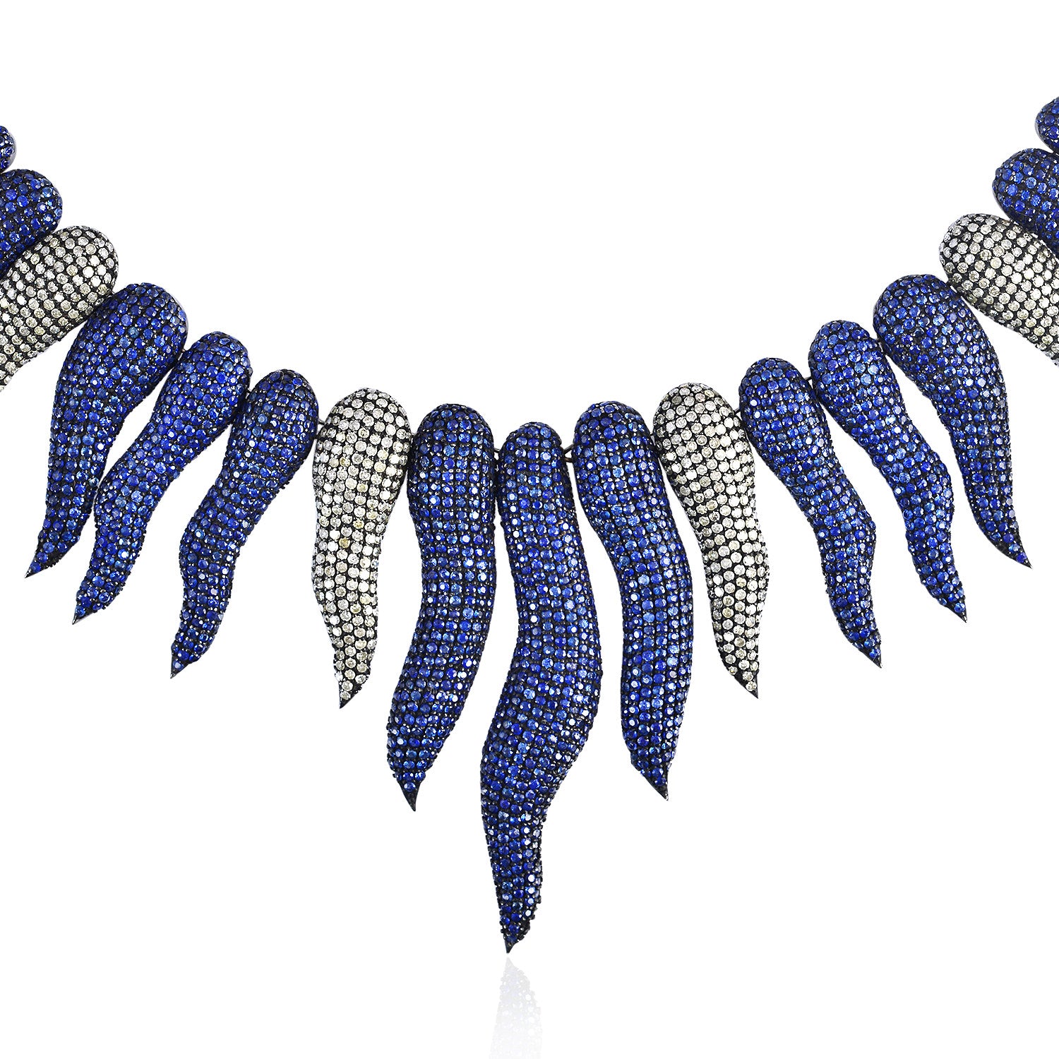 14K Yellow Gold & Silver Blue Sapphire Pave Diamond Designer Collar Necklace for Women - Elegant Statement Jewelry for Weddings, Parties & Special Occasions