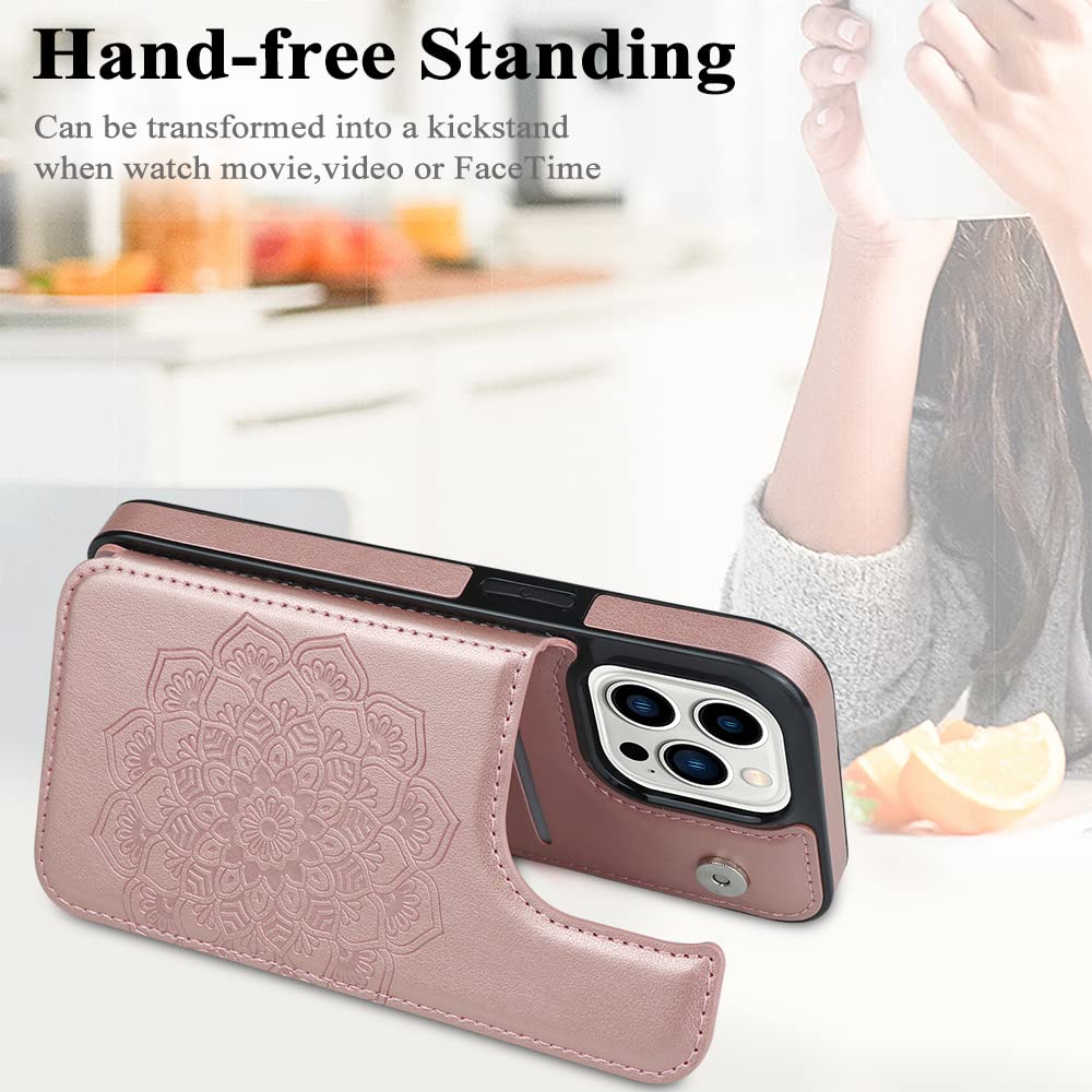 MMHUO Magnetic Wallet Case for iPhone 14 Pro - Flower Design Flip Cover with Card Holder, Slim Protective Phone Case for Women (Rose Gold) | Perfect for Everyday Use, Travel & Shopping