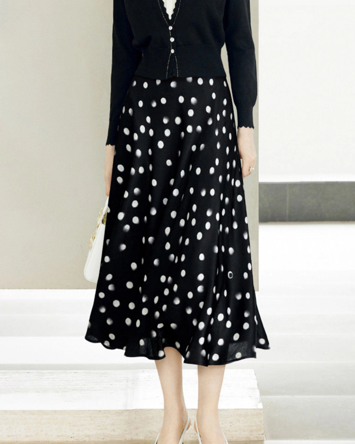 Polka Dot Silk Midi Skirt - Elegant Floral Print A-Line Skirt for Women | Perfect for Office, Party & Date Night Outfits