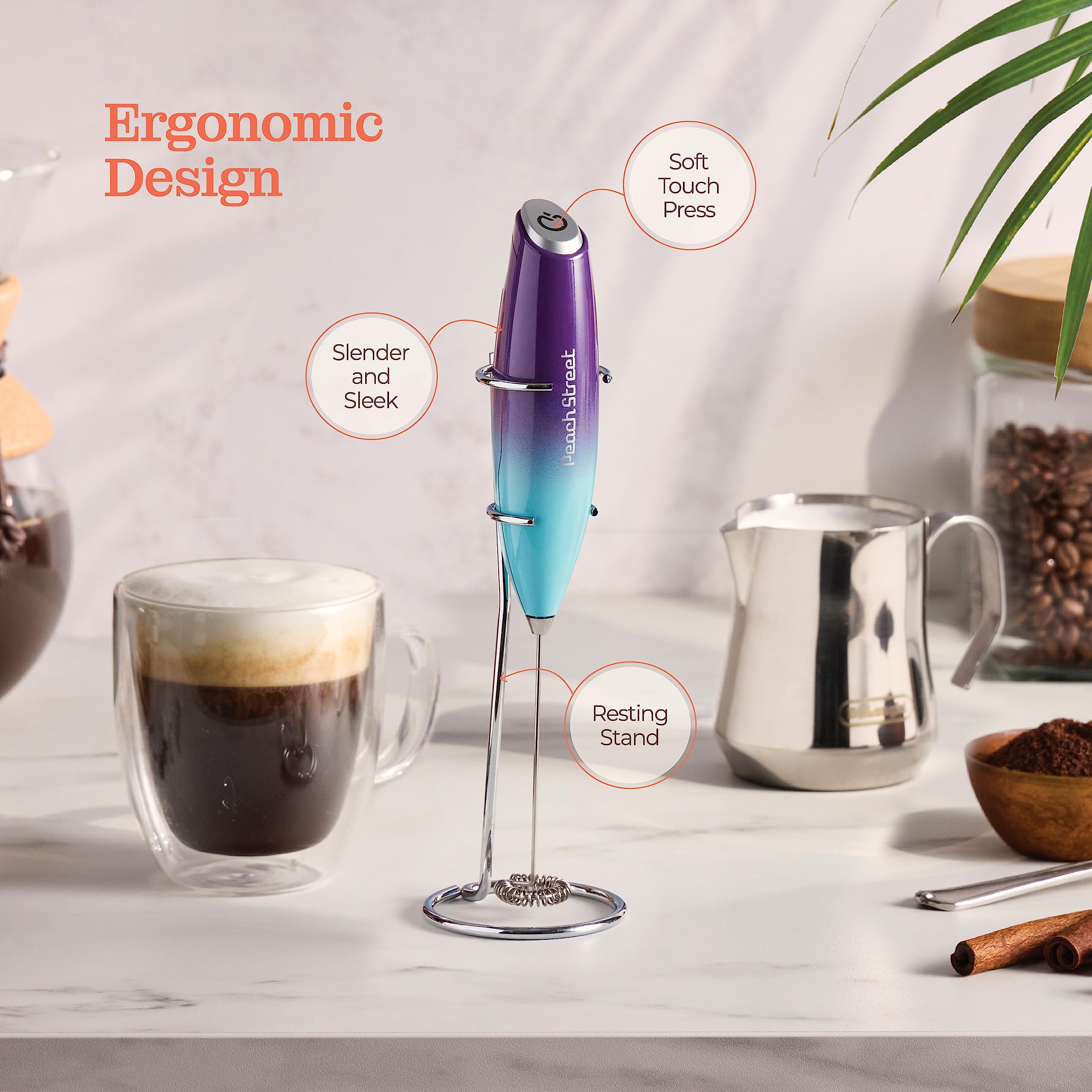 Premium Handheld Milk Frother - Mini Electric Milk Foamer with Stainless Steel Whisk & Stand - Battery Operated (Batteries Not Included) - Perfect for Coffee, Lattes, Cappuccino, Hot Chocolate, Matcha & Frappe - Ideal for Home, Office & Cafe Use