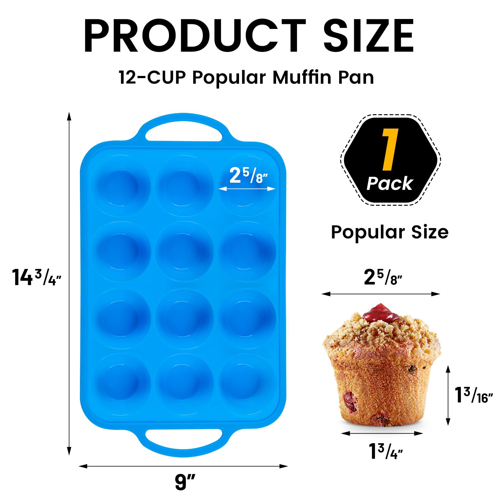 1Pack 12-Cup Silicone Muffin Pan with Metal Reinforced Frame - BPA Free, Oven & Dishwasher Safe Cupcake Baking Tray - Perfect for Home Baking, Party Desserts & Meal Prep (Blue)