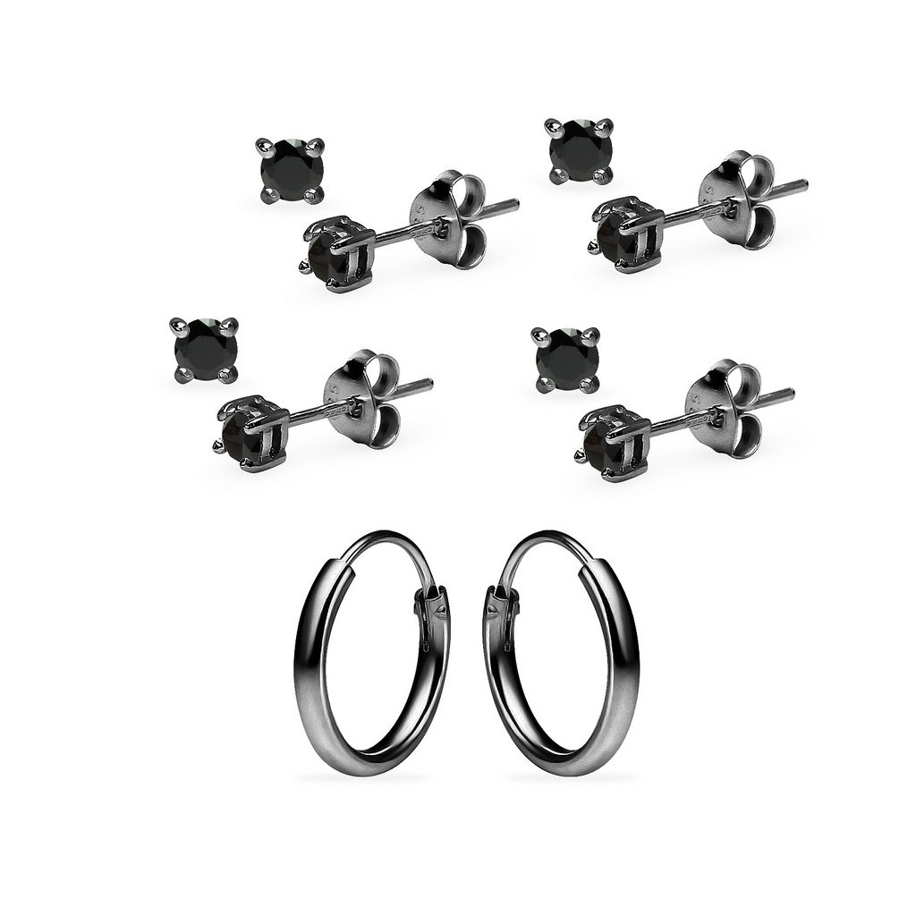 Sterling Silver Small Endless Hoop Earrings 10mm & 3mm Round Black CZ Stud Earrings 5 Pairs Set in Gold, Rose & Black Rhodium - Perfect for Everyday Wear, Gifts & Special Occasions