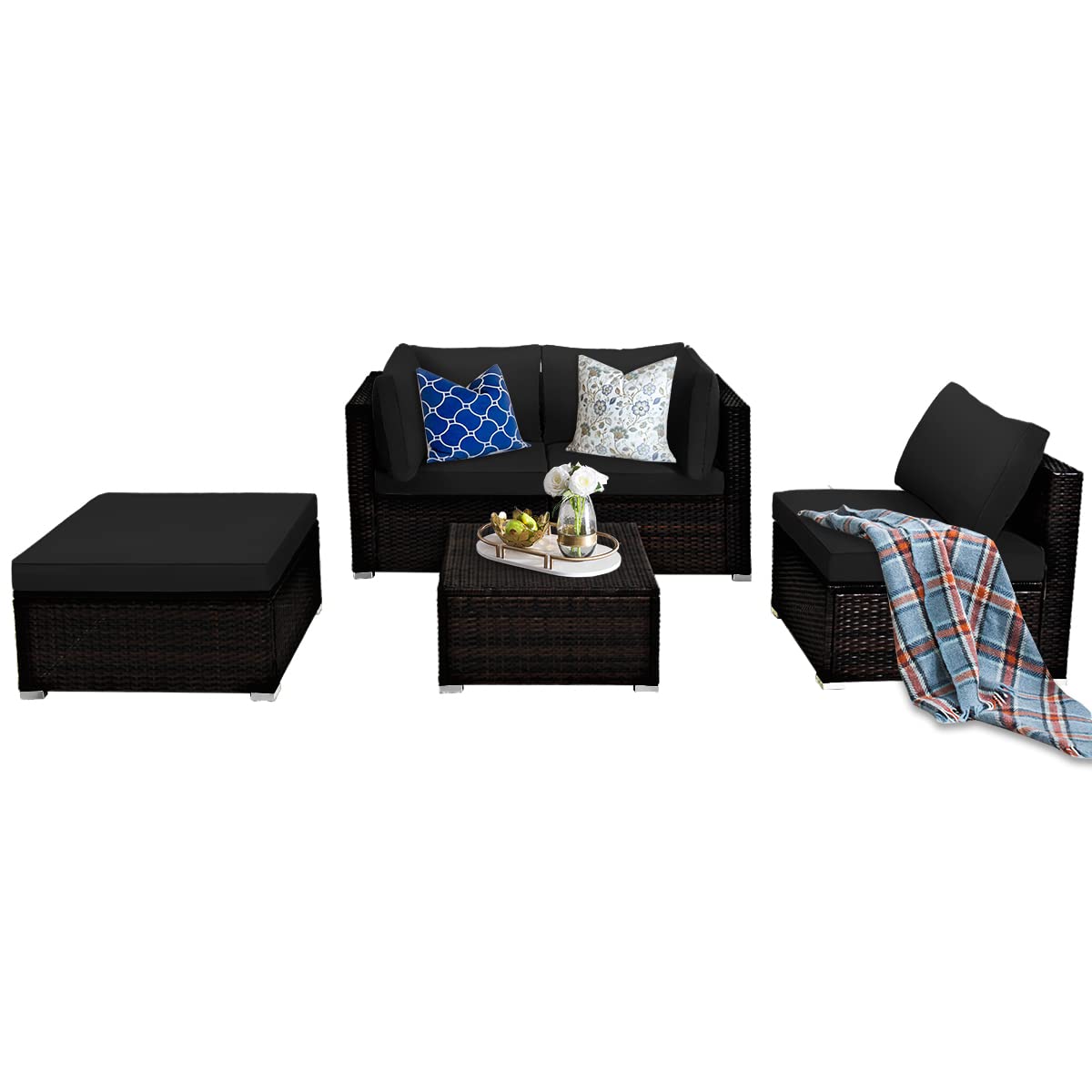 HAPPYGRILL 5-Piece Patio Furniture Set - Outdoor/Indoor Rattan Sectional Sofa with Anti-Slip Foot Pads, PE Wicker Conversation Set Includes 2 Ottomans & Cushions - Perfect for Backyard, Porch, Garden, Poolside Relaxation & Entertaining