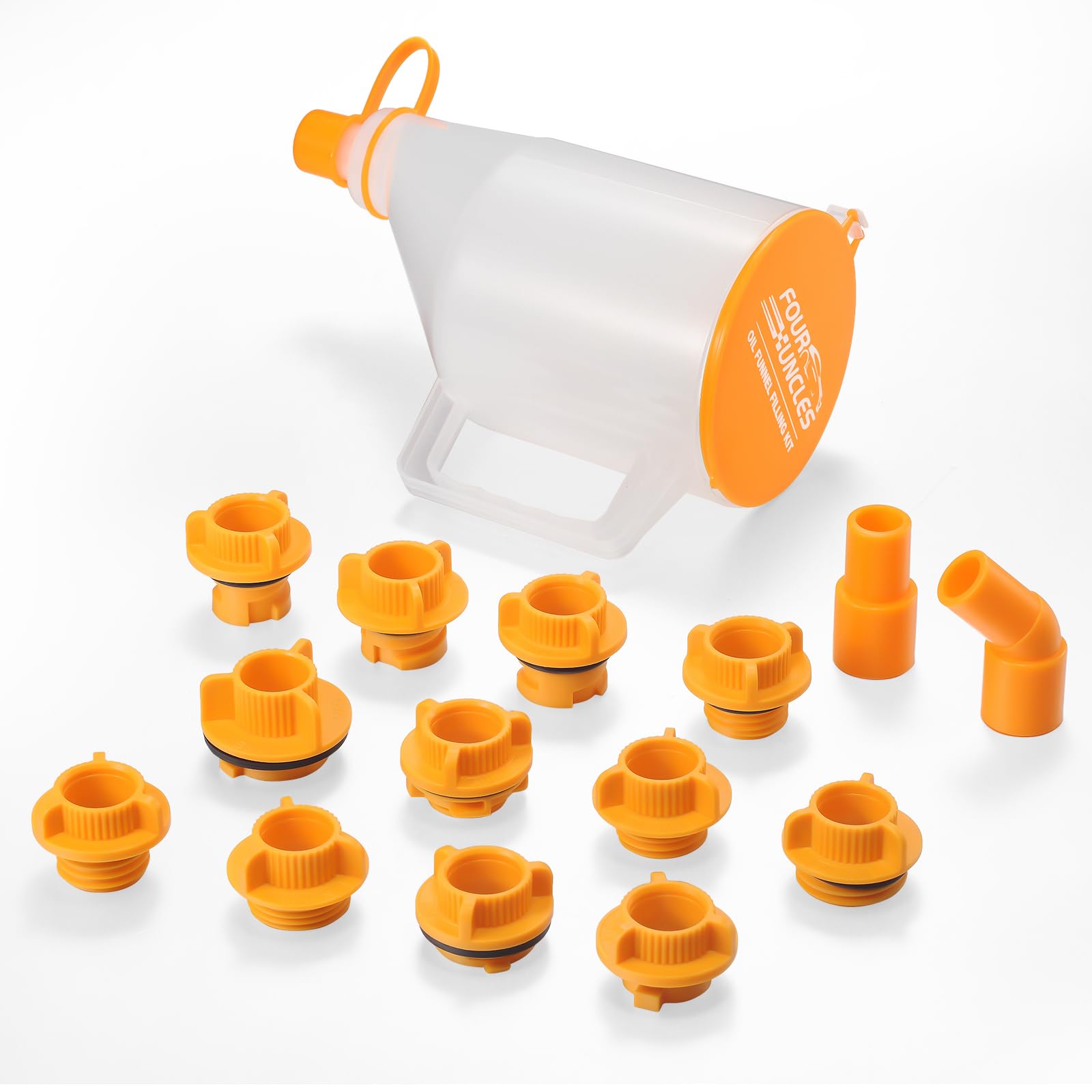 FOUR UNCLES 15-Piece No-Spill Oil Funnel Kit for Cars & Trucks - 1.5 Quart Funnel with 14 Universal Adapters | Easy One-Hand Operation | Perfect for DIY Oil Changes & Garage Maintenance