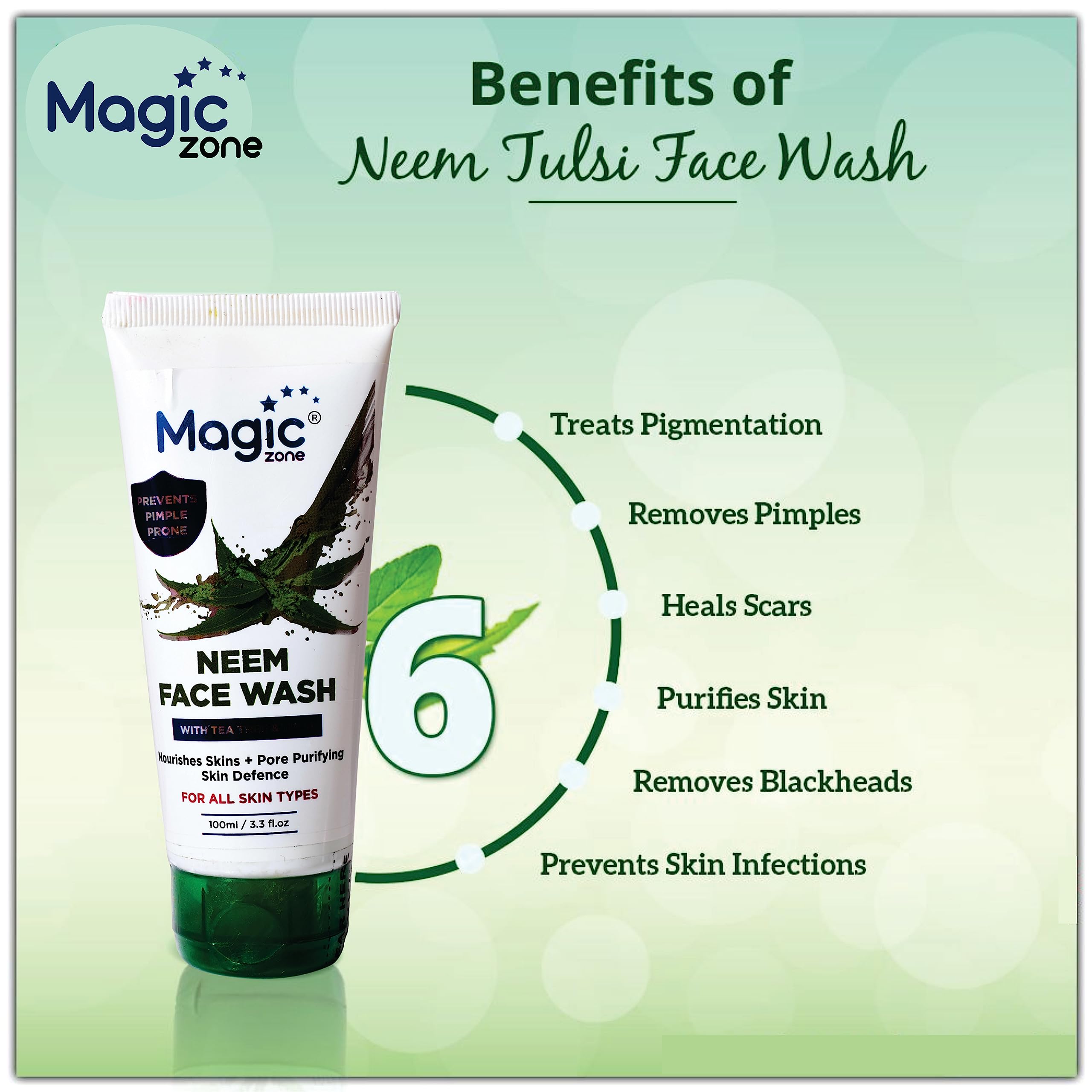 Magic Zone Neem Pimple Control Face Wash - Pack of 2 Tubes (100ML Each) | Acne Treatment for All Skin Types | Prevents Breakouts & Reduces Dark Circles | Daily Cleanser for Oily, Dry & Sensitive Skin