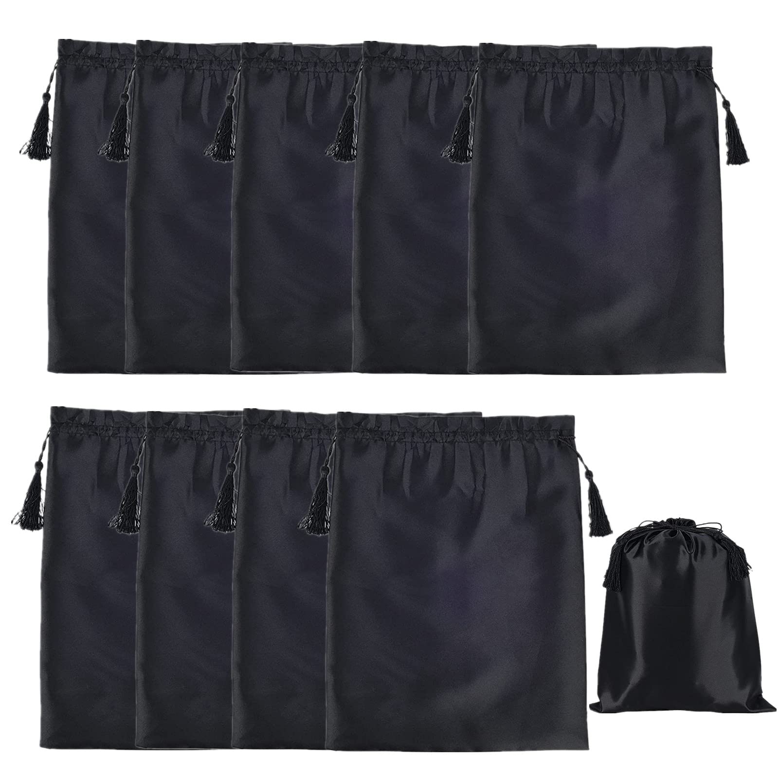 10 Pieces Black Satin Wig Bags with Drawstring Tassels - Silk Hair Storage Bags for Wigs, Hair Extensions & Bundles - Perfect for Travel, Packaging & Organizing Hair Accessories