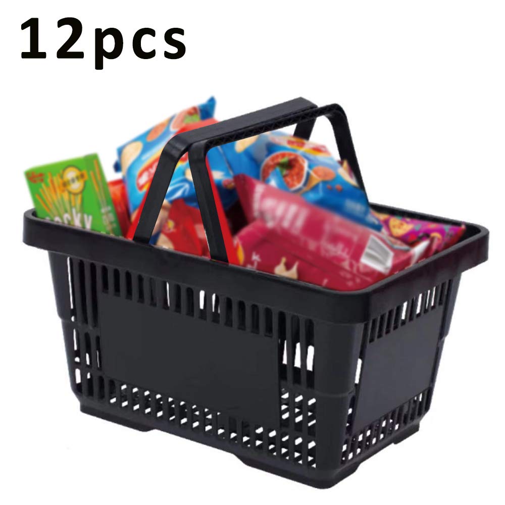 Black Mesh Shopping Baskets with Handles - 28L Portable Plastic Basket Set (12-Pack) - Durable Retail & Supermarket Storage Solution for Groceries, Laundry, or Home Organization