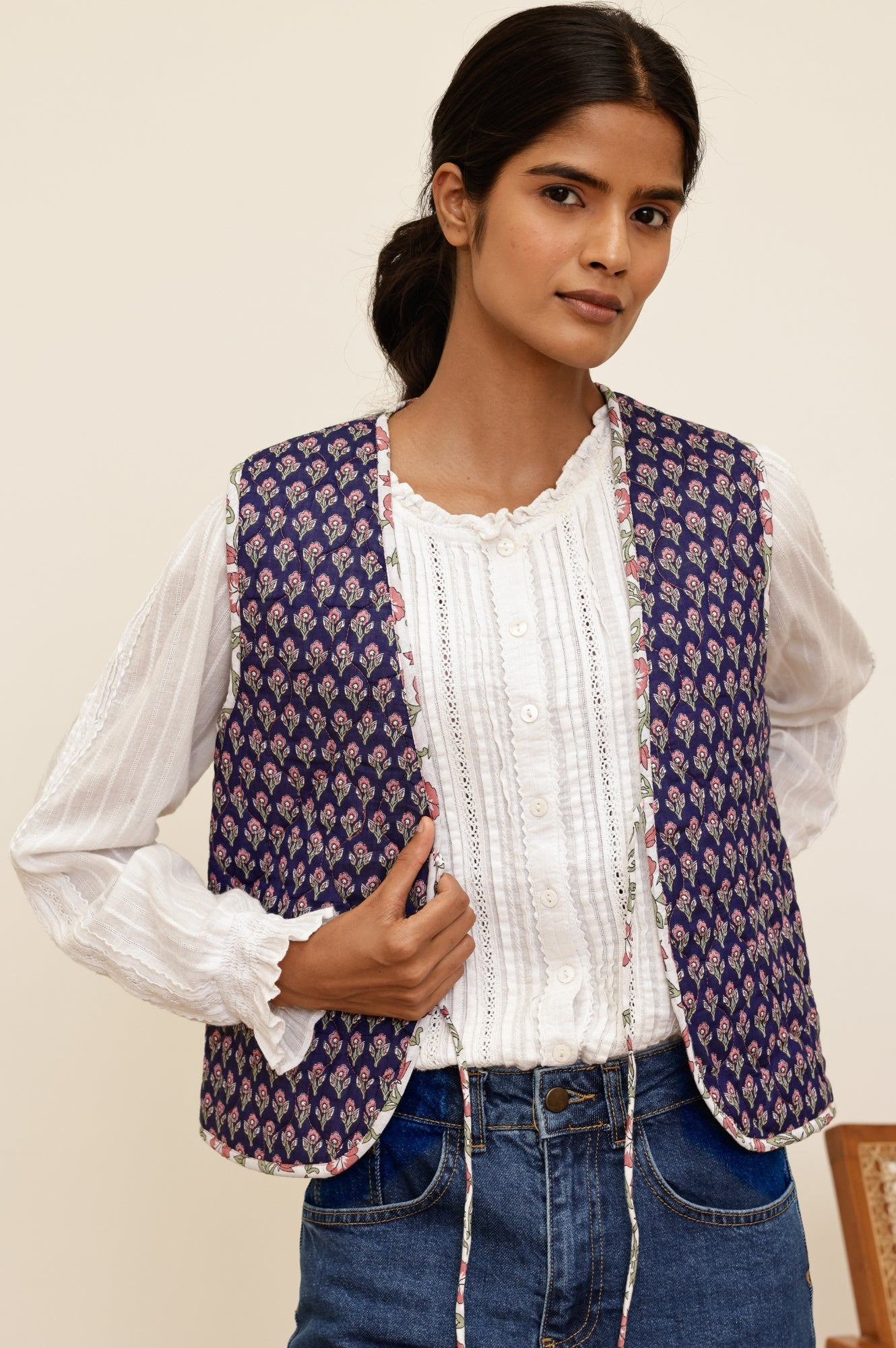 Arlo Quilted Organic Cotton Vest for Women - Primrose Stamp Navy/Pink - Lightweight Layering Piece for Spring & Fall Outfits