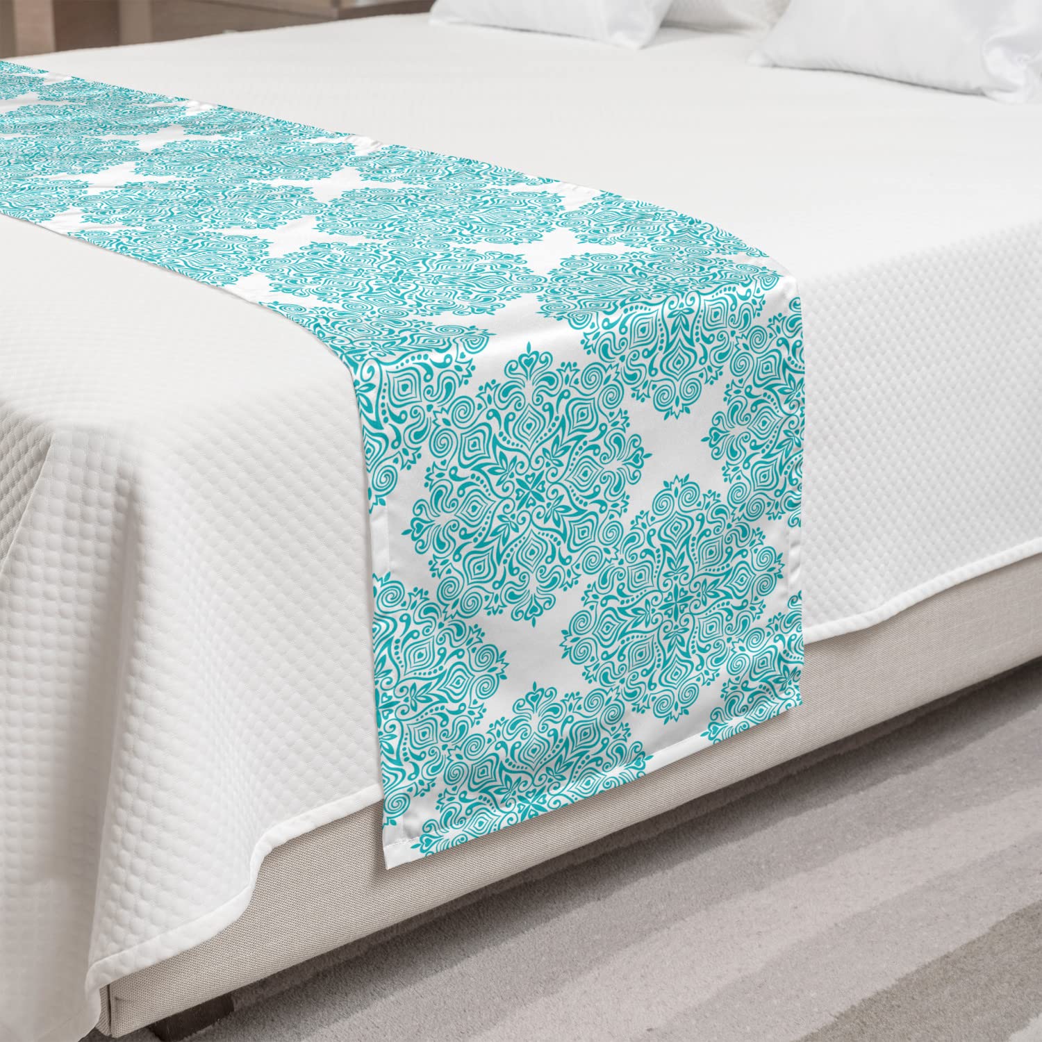 Lunarable Pale Blue Bed Runner - Mandala Inspired Design Tile Decorative Accent Scarf for Queen Size Beds | Stylish Home & Hotel Bedding | Perfect for Guestrooms, Bedroom Decor & Boho Chic Interiors