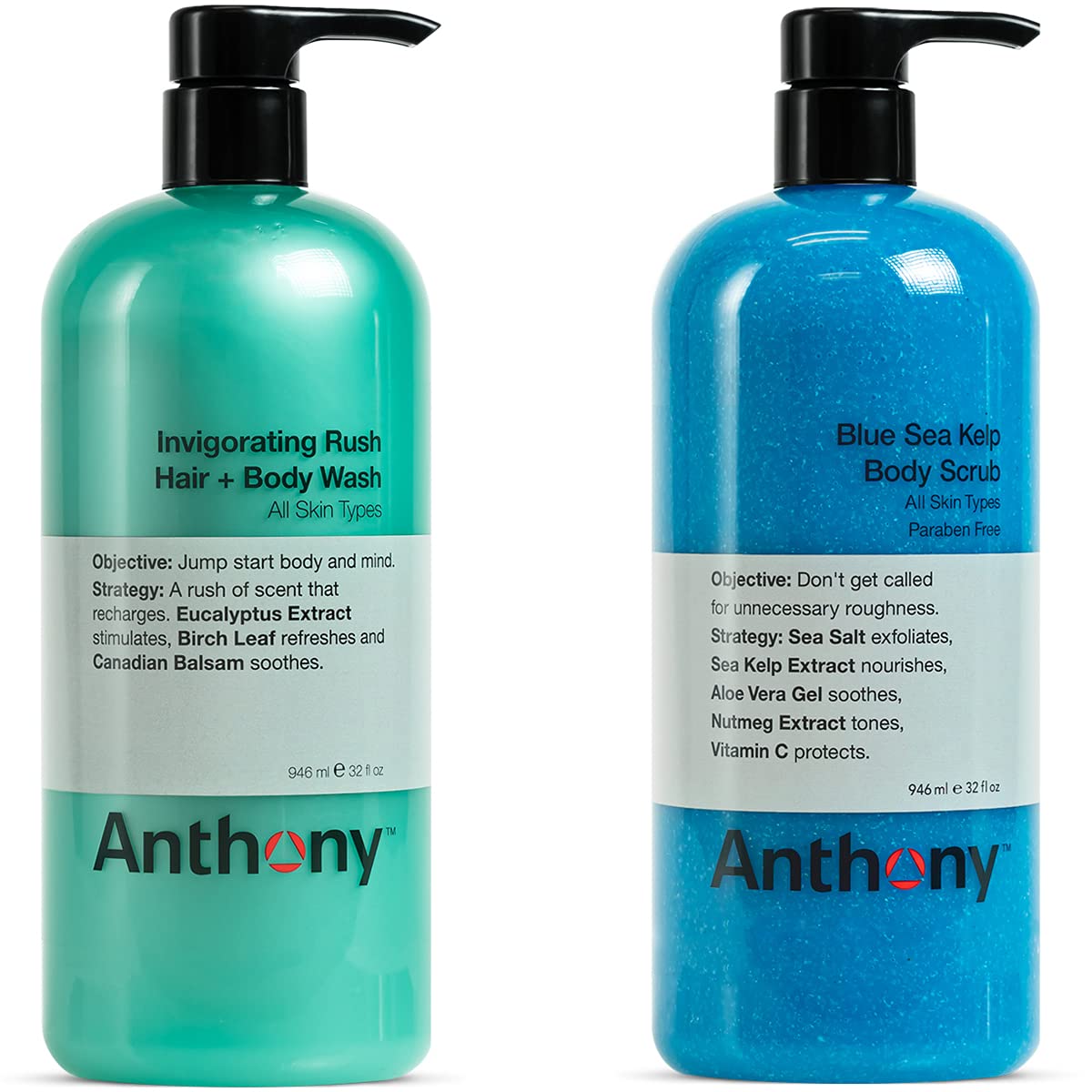 Anthony Invigorating Rush Hair & Body Wash with Blue Sea Kelp - 32 Fl Oz Hydrating Shower Gel for Men & Women - Refreshing Body Scrub for Dry Skin - Perfect for Gym, Post-Workout & Daily Shower Routine