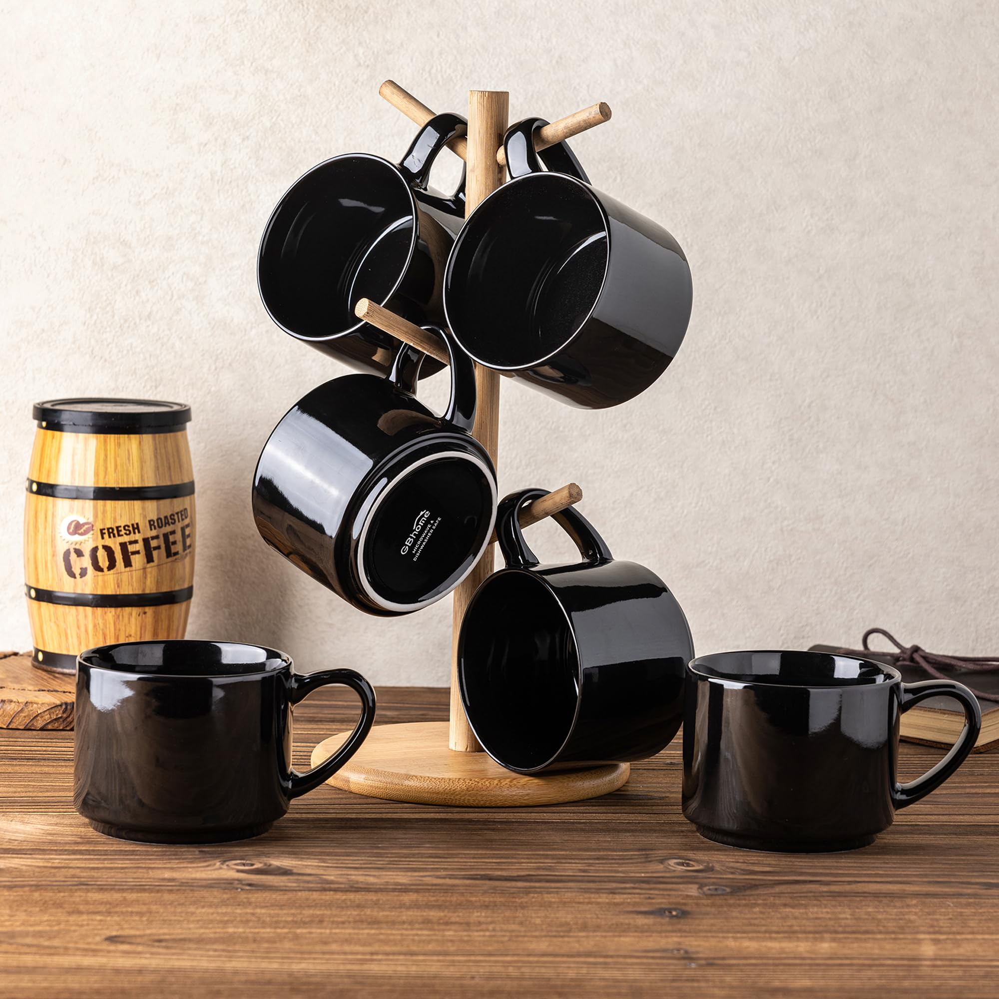 GBHOME 14 OZ Ceramic Coffee Mugs Set of 6 - Stackable Black Coffee Cups for Men & Women - Dishwasher & Microwave Safe Mugs for Latte, Tea, Cappuccino - Perfect for Home, Office, and Restaurant Use