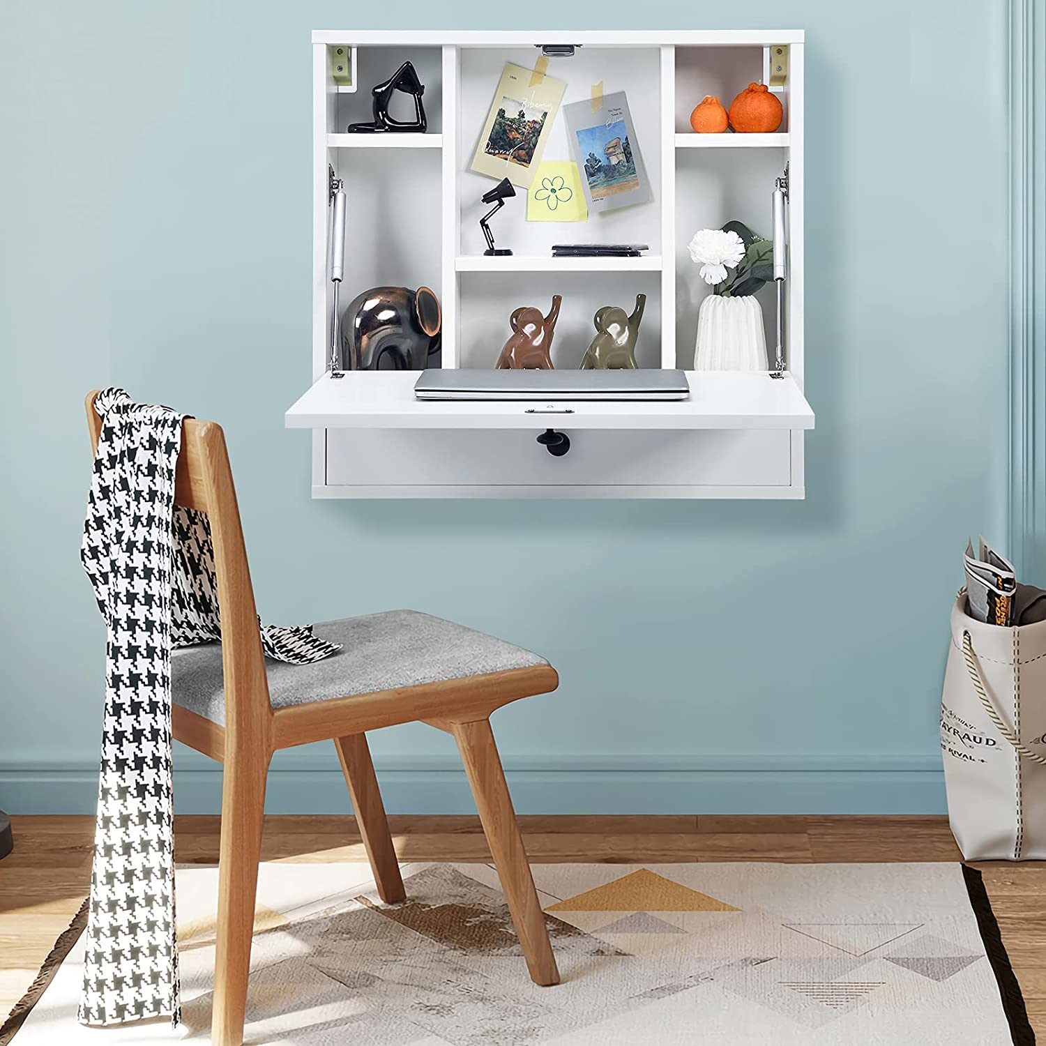 CHEFJOY 2-in-1 Floating Wall Mounted Desk with Foldable Tabletop & Storage Compartments - Space Saving Fold Down Laptop Desk for Home Office, Bedroom & Small Spaces (White) - Perfect for Remote Work, Study Nook & Compact Living Areas