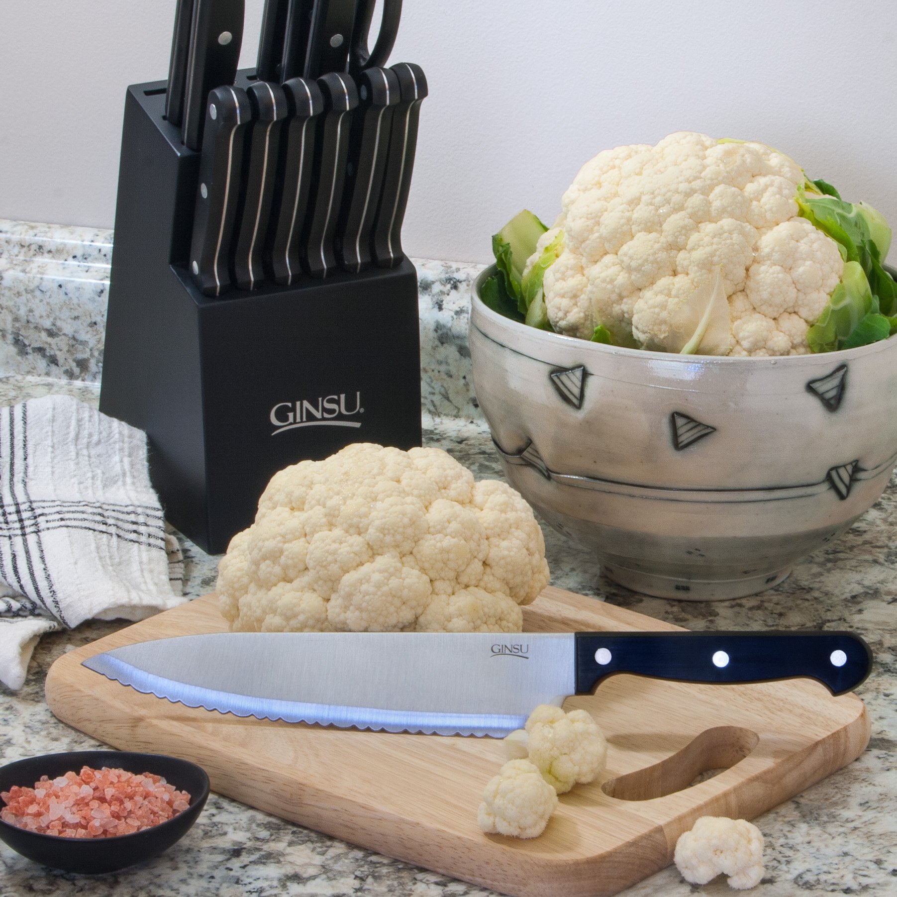 Ginsu Essential Series 14-Piece Stainless Steel Knife Set with Serrated Blades & Black Storage Block – Professional Kitchen Cutlery for Slicing, Dicing & Food Prep – Perfect for Home Chefs & Cooking Enthusiasts
