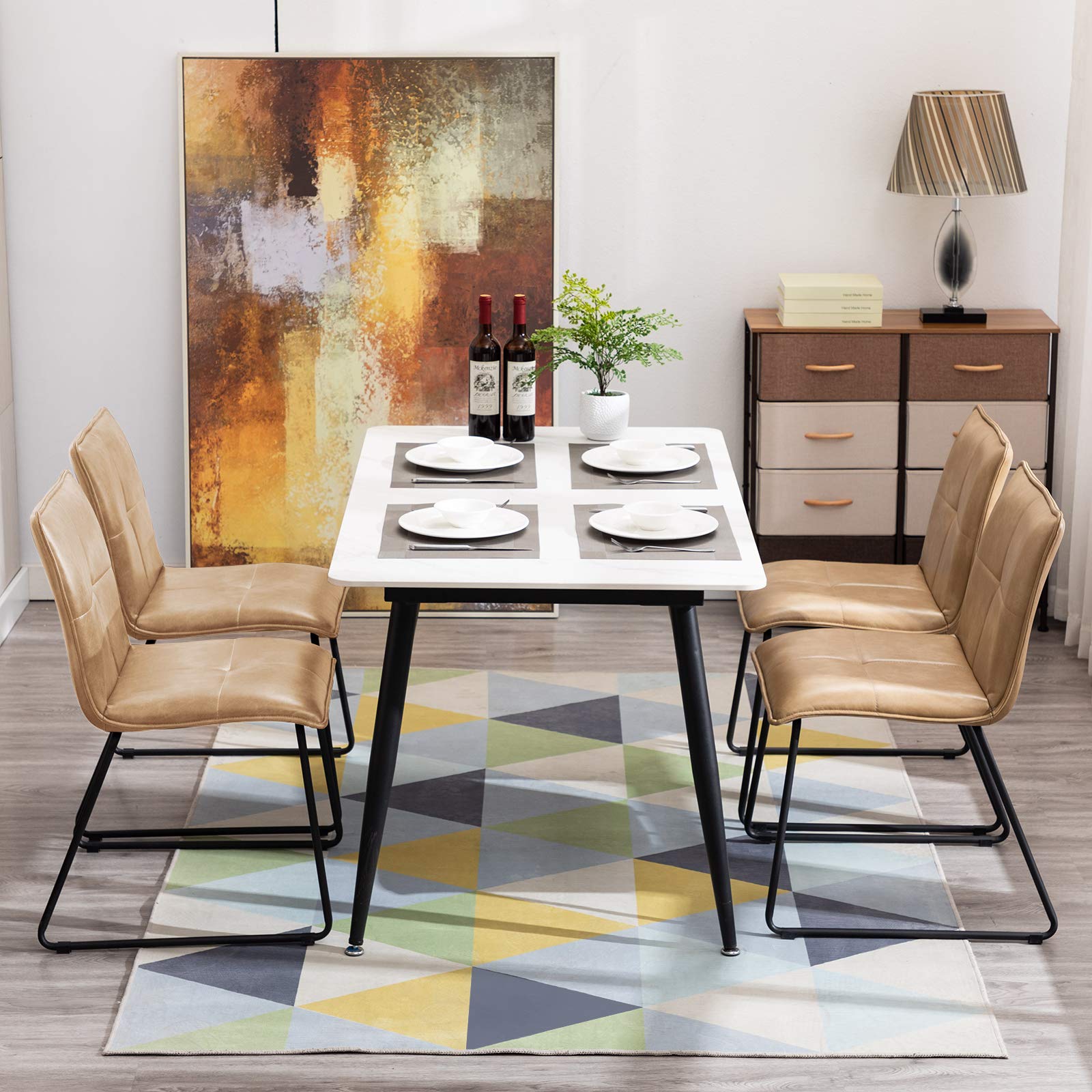 DUHOME Set of 2 PU Leather Mid Back Dining Chairs with Metal Sled Base - Modern Accent Chairs for Kitchen, Living Room & Dining Room - Comfortable Camel Color Seating for Home & Office Use