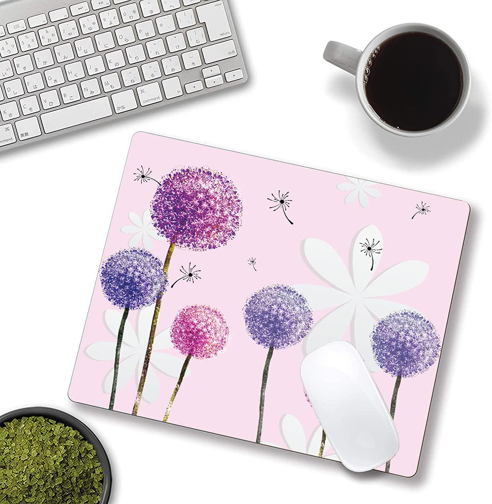 IMAYONDIA Blue Purple Dandelion Flower Mouse Pad - Soft Pink Customized Waterproof Mousepad with Non-Slip Rubber Base - Perfect for Office, Gaming & Home Computer Use