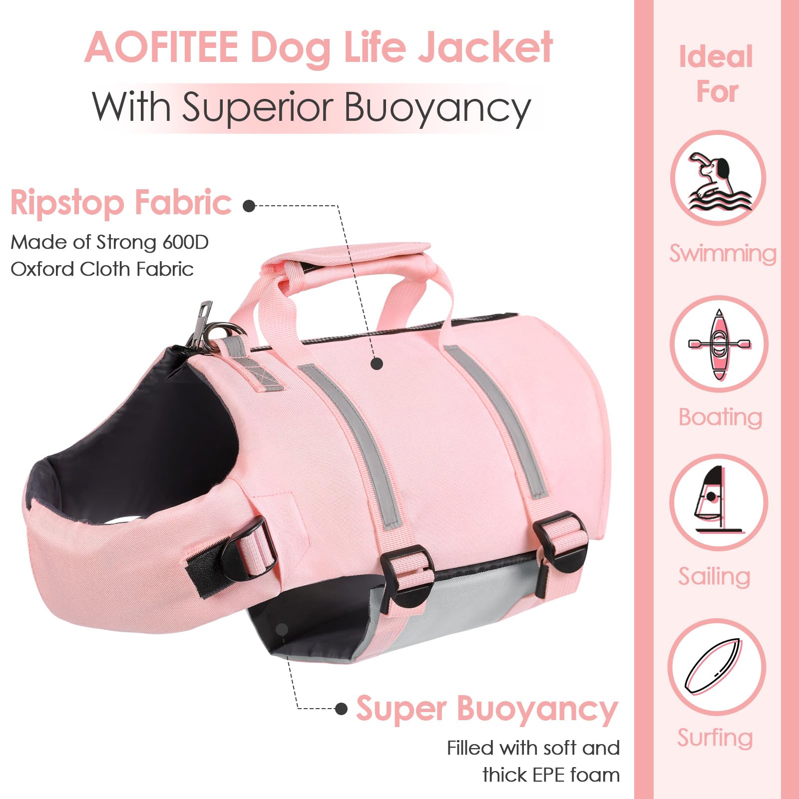 AOFITEE High Flotation Dog Life Jacket - Adjustable Swimming Vest with Reflective Strips & Rescue Handle for Small Medium Large Dogs - Perfect for Boating, Beach & Pool Safety