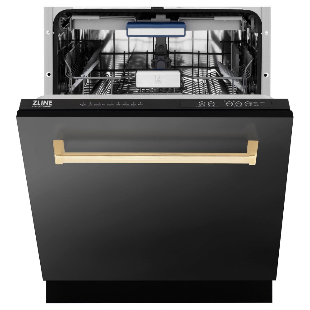 ZLINE Autograph Edition 24-Inch Top Control Tall Tub Dishwasher with 3rd Rack - Black Stainless Steel & Polished Gold Handle, 51dBA Quiet Operation - Perfect for Modern Kitchens, Open Concept Homes & Entertaining Spaces