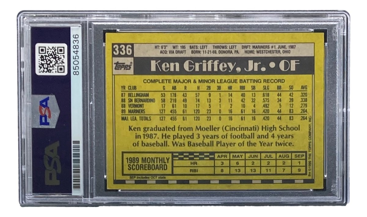 Ken Griffey Jr Signed Seattle Mariners 1990 Topps #336 Rookie Baseball Card - PSA/DNA Certified Gem Mint 10 - Perfect for Sports Memorabilia Collectors & Baseball Fans Display