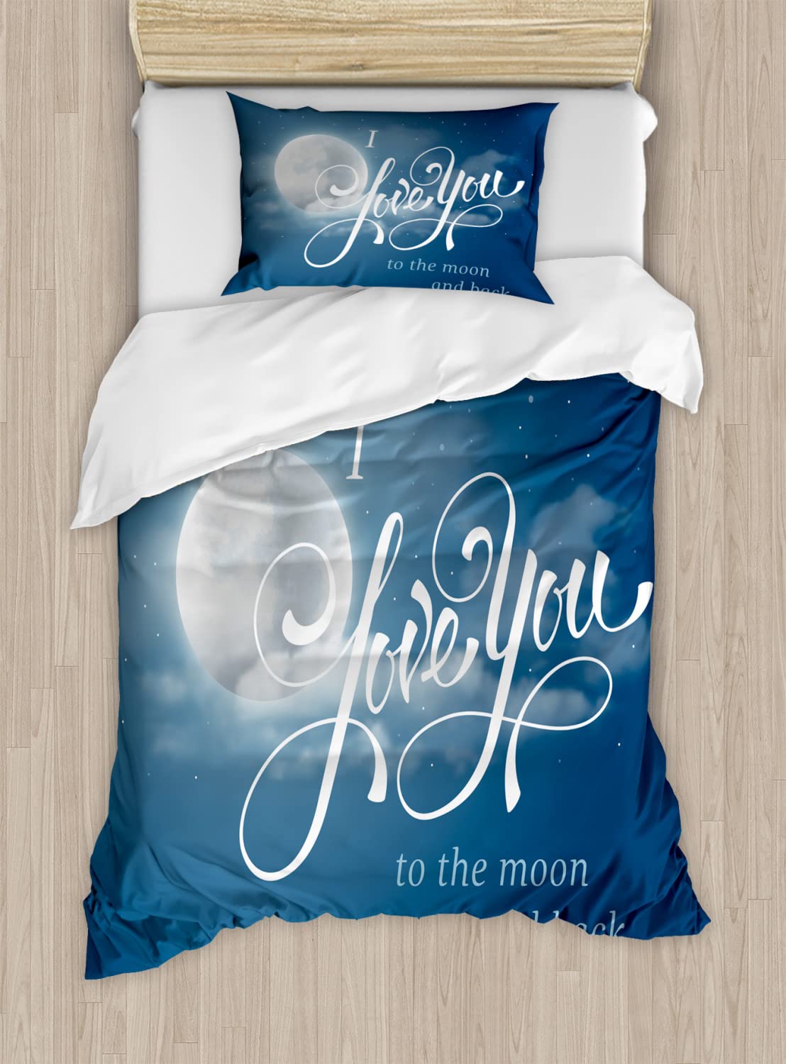 Ambesonne I Love You Duvet Cover Set - Queen Size 2-Pack with 2 Duvet Covers & 4 Pillowcases, Dark Blue Pearl Night Sky with Full Moon and Stars Romantic Design - Perfect for Wedding, Anniversary, or Couples Bedroom Decor