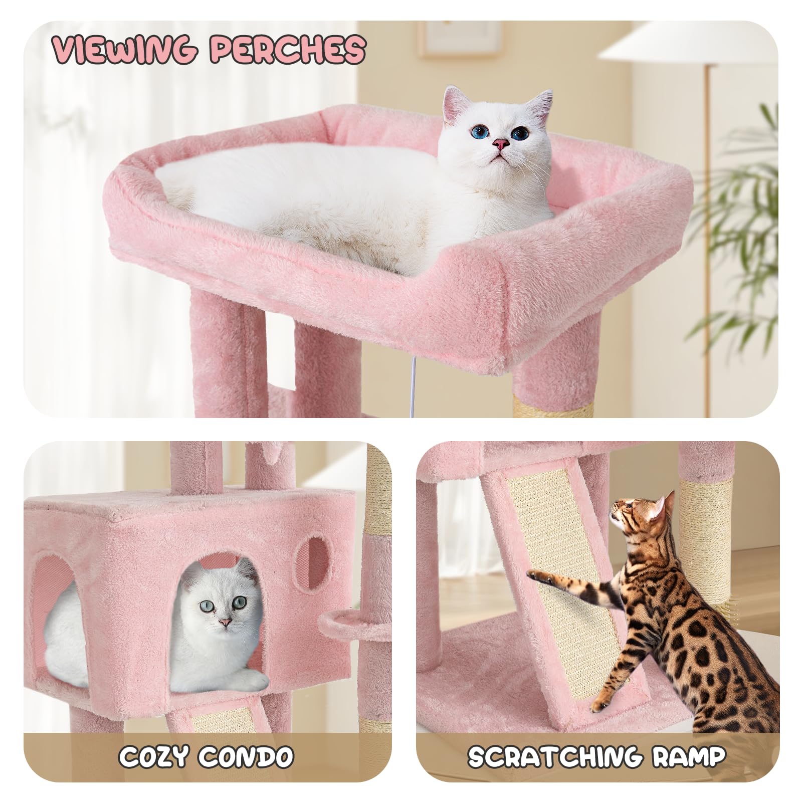 MoNiBloom 36 Inch Cat Tree Tower with Condo, Scratching Post & Sisal Board - Multi-Level Cat Climbing Furniture with Hammock for Indoor Cats (Soft Pink) - Perfect for Small Spaces, Apartments & Playful Kittens