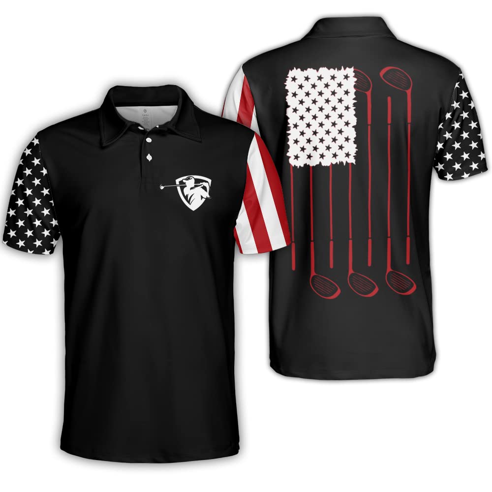 Polomore Men's American Flag Golf Shirt - Patriotic Stars & Stripes Performance Polo for Golf, BBQ & Outdoor Activities