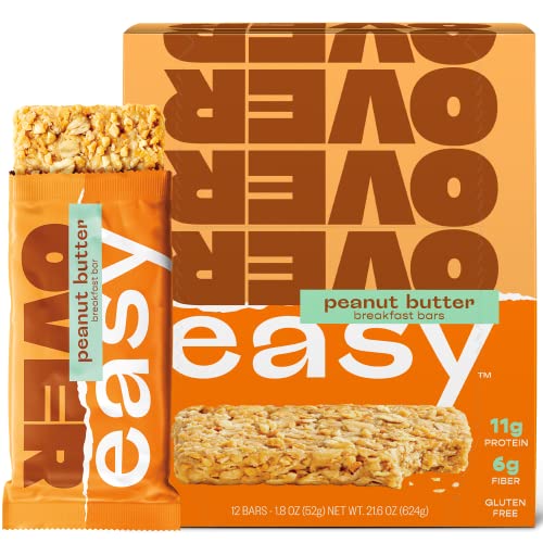 OVER EASY All Natural Peanut Butter Protein Bars - Gluten Free, Dairy Free, Soy Free Breakfast & Snack Bars - 12 Pack | Healthy On-the-Go Breakfast, Post-Workout Snack & Travel Food