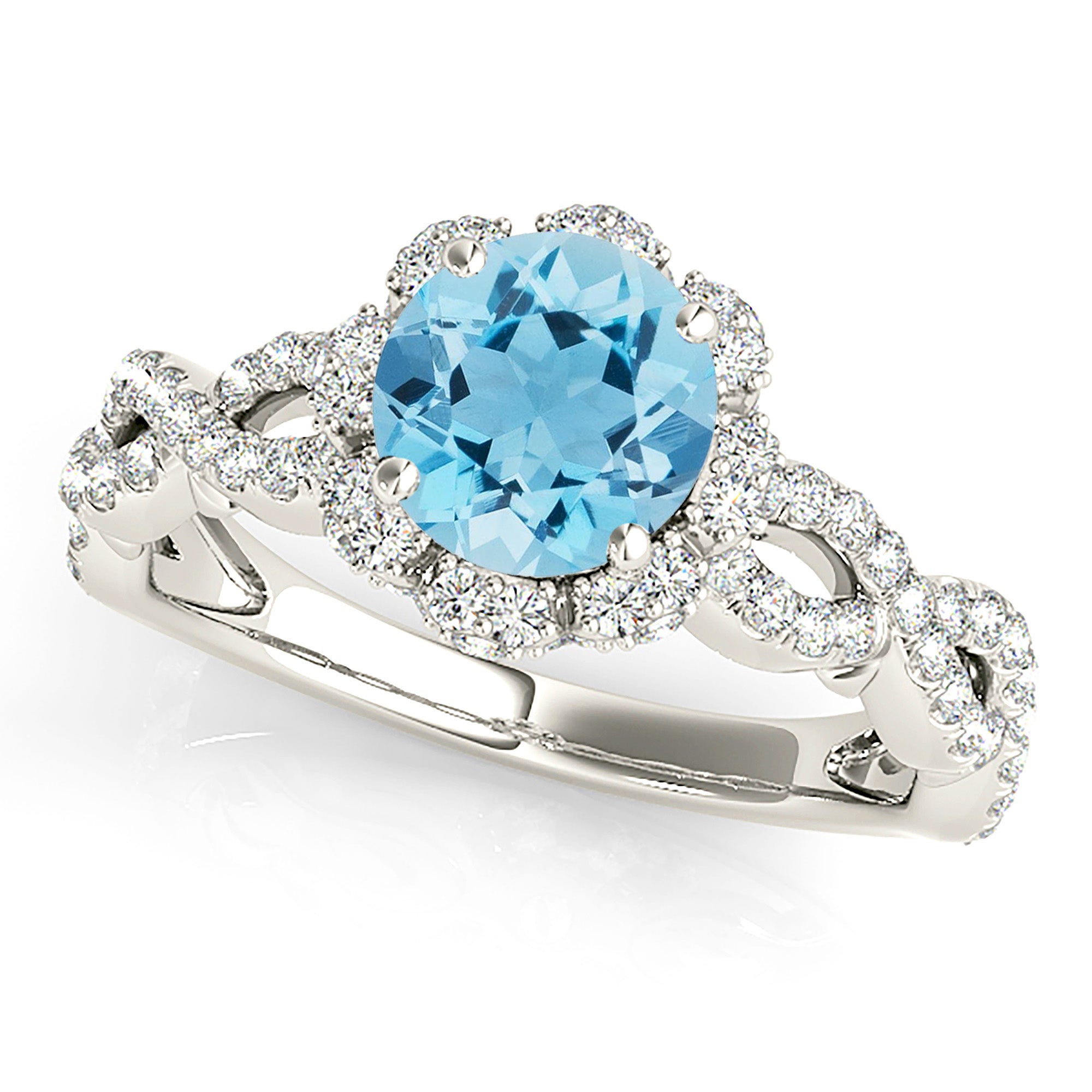 1.10 Carat Genuine Aquamarine Halo Ring with Open Braid Diamond Band - Elegant Engagement, Wedding, Anniversary Gift for Her