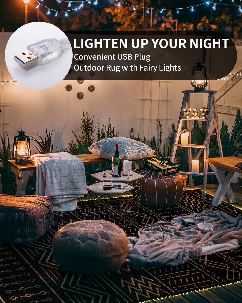 Waterproof 8x10 ft Outdoor Rug with LED Strip Lights - Reversible Lightweight Plastic Straw Mat for Patio, RV, Camping & Picnic | Indoor/Outside Boho Decor for Garden, Deck & Backyard