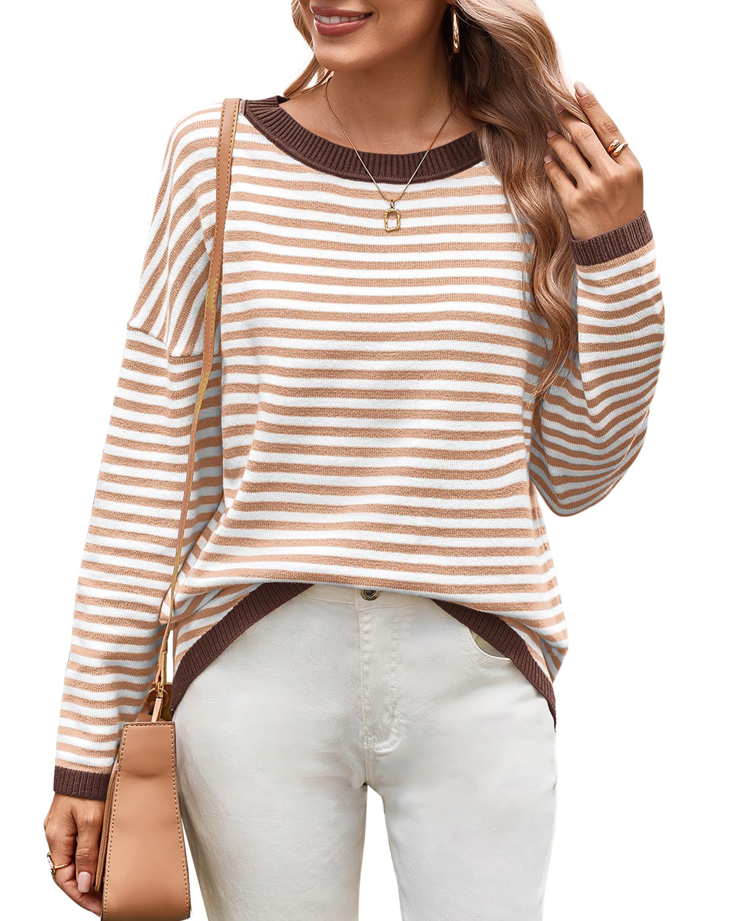 WIHOLL Women's Striped Long Sleeve Sweater Top - Round Neck Casual & Dressy Pullover for Work, Date Night & Fall Outfits | Fashion Knitwear for Women