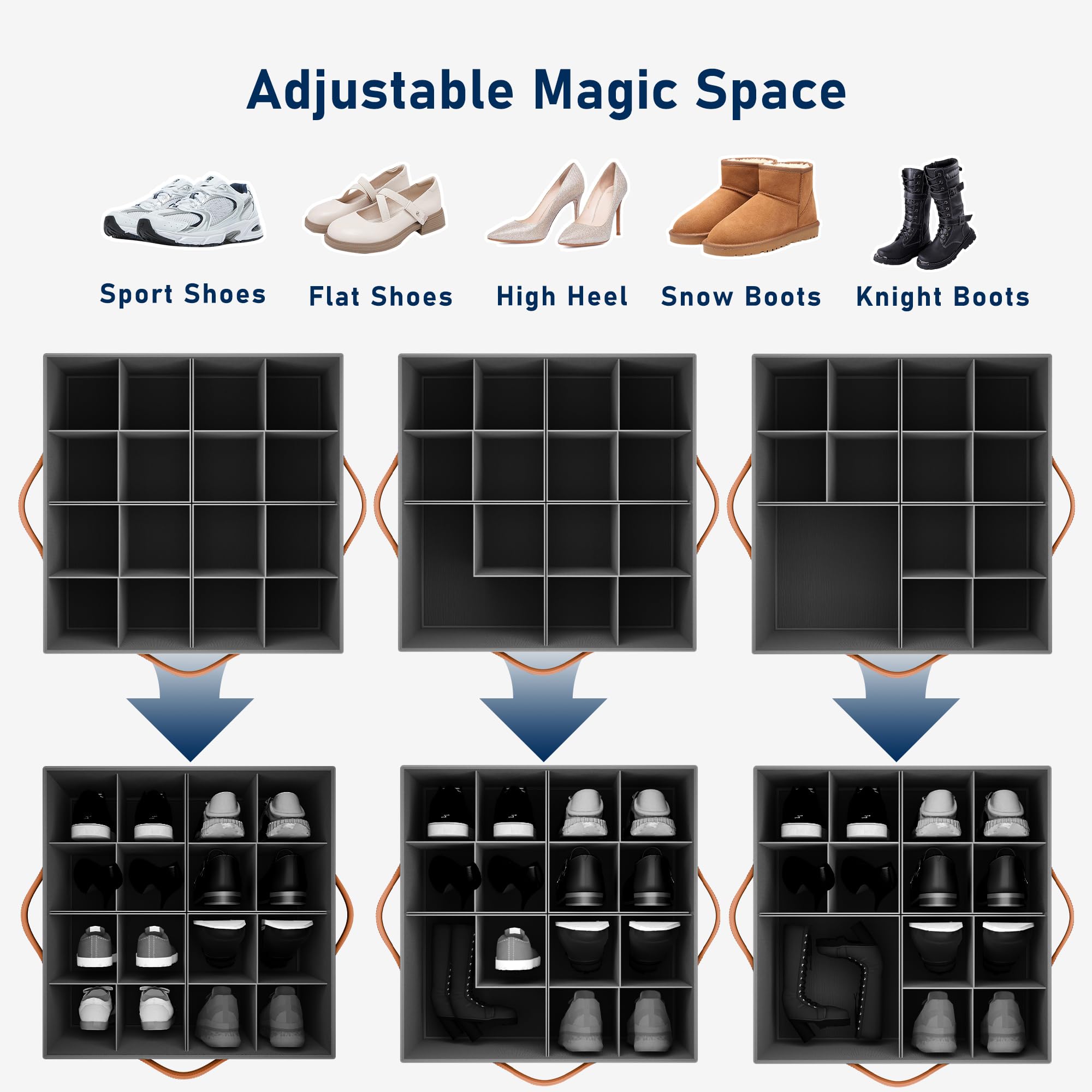Fabric Shoe Organizer for Closet - 2-Pack Black Shoe Storage Bins with Clear Cover & Adjustable Dividers, Holds up to 16 Pairs - Perfect for Bedroom, Entryway, and Dorm Organization