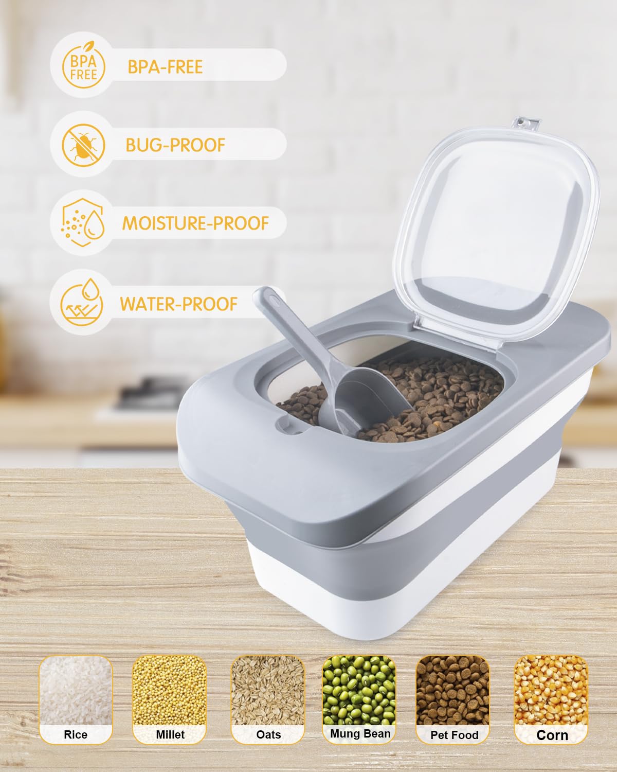 13Lbs Collapsible Airtight Pet Food Storage Container with Lid - Perfect for Dog Food, Cat Food, Rice & Cereal Storage - Includes Silicone Bowl & Scoop - Space Saving Design for Kitchen, Pantry or Travel (Grey)
