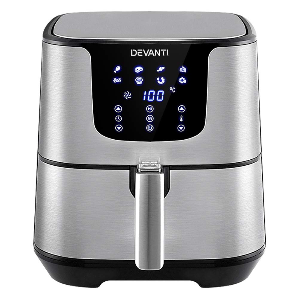 Devanti 7L Air Fryer with LCD Display - Oil Free Healthy Cooking, Large Capacity Air Fryer Oven for Family, Silver - Perfect for Crispy Fries, Chicken Wings & Baking at Home